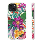 Posy Tough iPhone 13 Case – Glossy | cream, magenta, coral botanical floral print