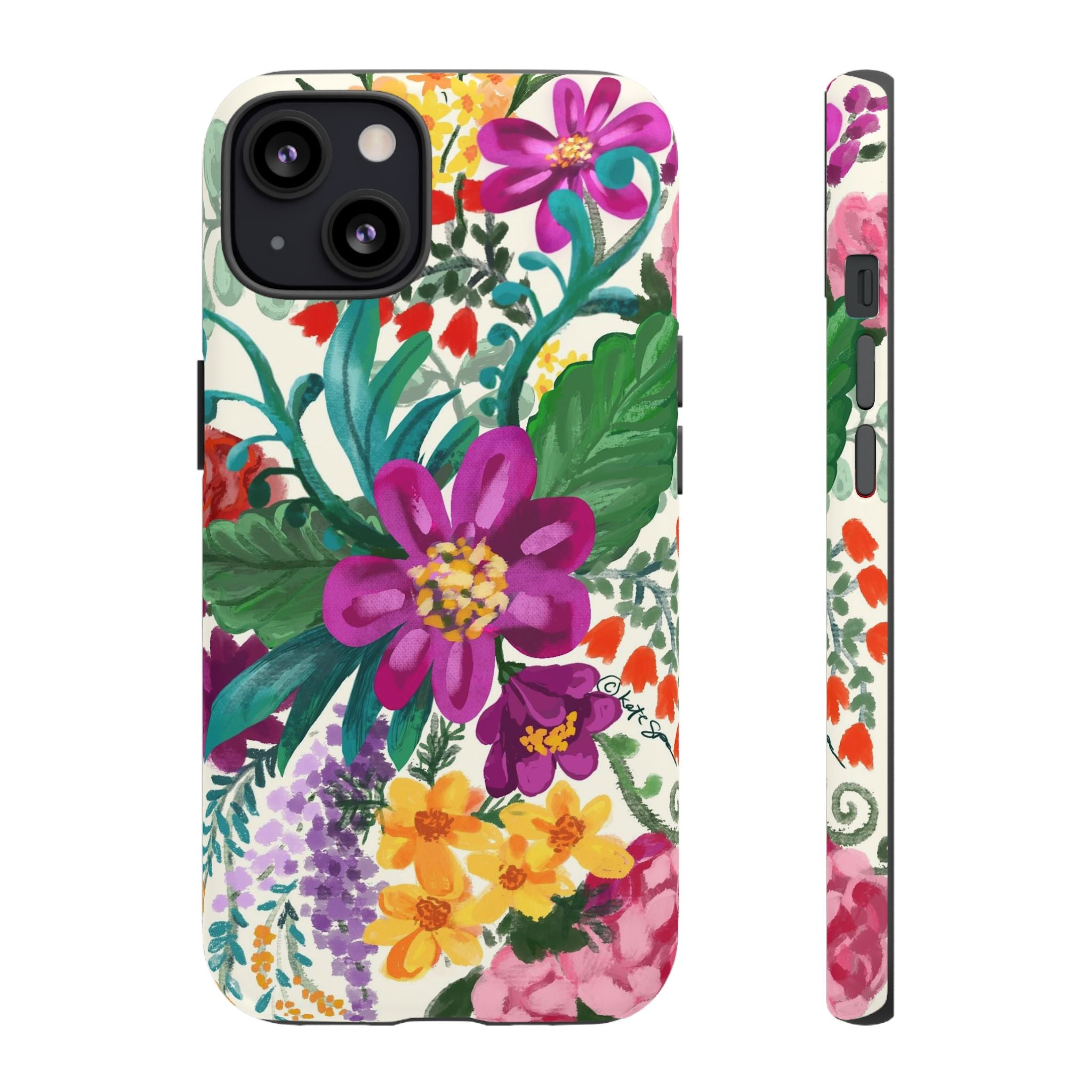 Posy Tough iPhone 13 Case – Glossy | cream, magenta, coral botanical floral print