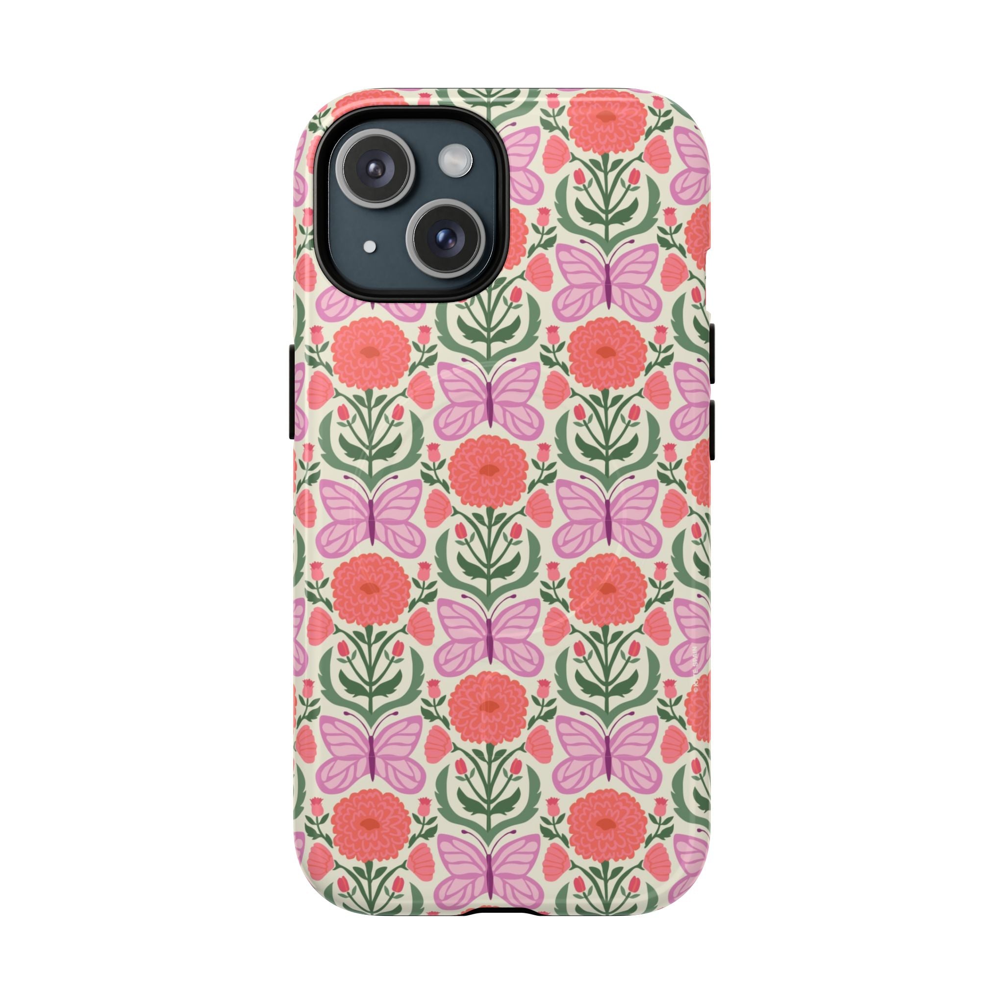 Pink Butterfly MagSafe iPhone 15 Case – Glossy | pink, coral, green, cream butterfly floral print