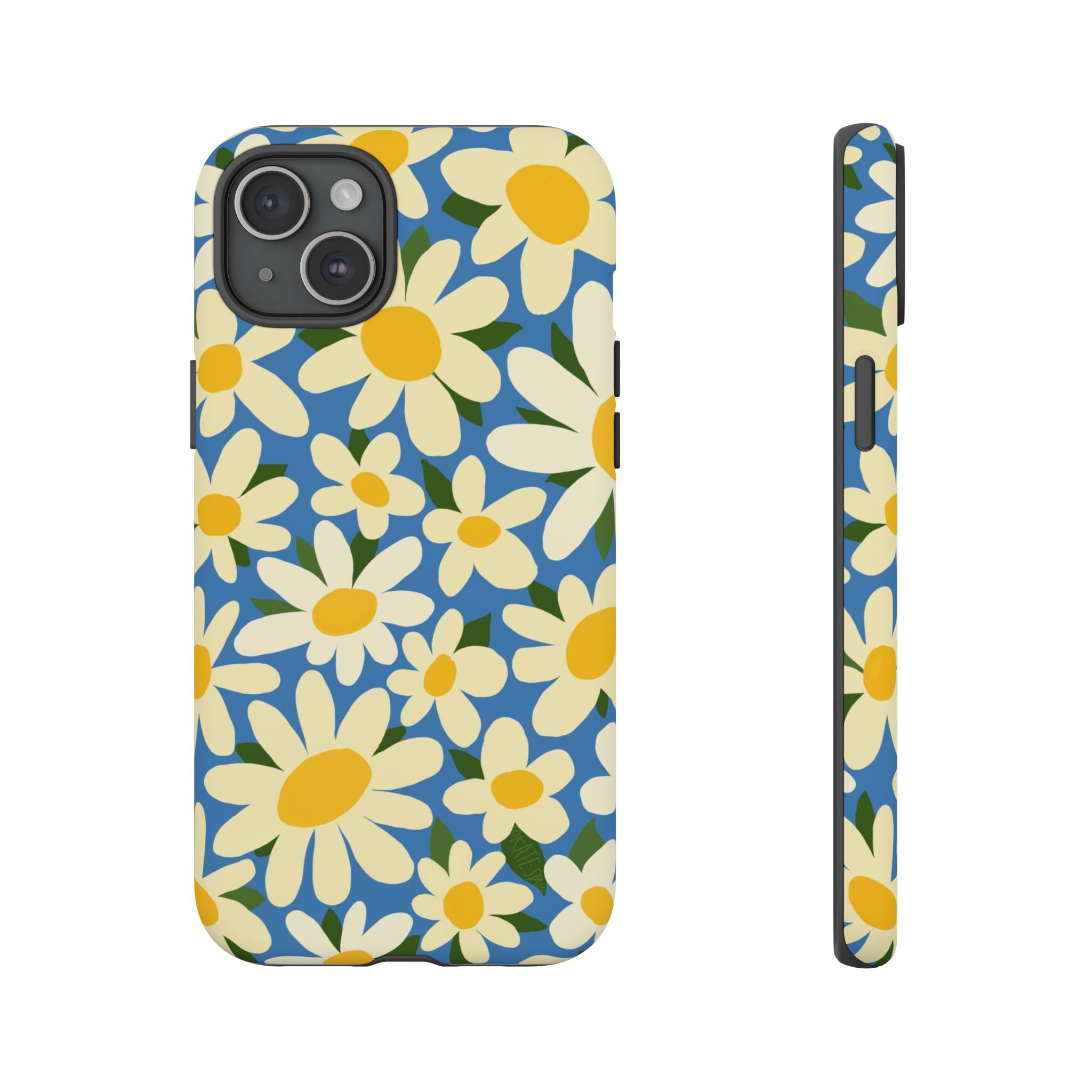 Shasta Daisy Tough iPhone 15 Plus Case – Matte | blue, cream, yellow daisy floral print