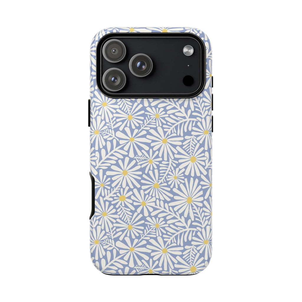 Montauk Daisy Cottage Blue iPhone 17 Pro Case – Glossy | periwinkle blue, white graphic daisy and fern print, golden yellow centers | dual-layer protection