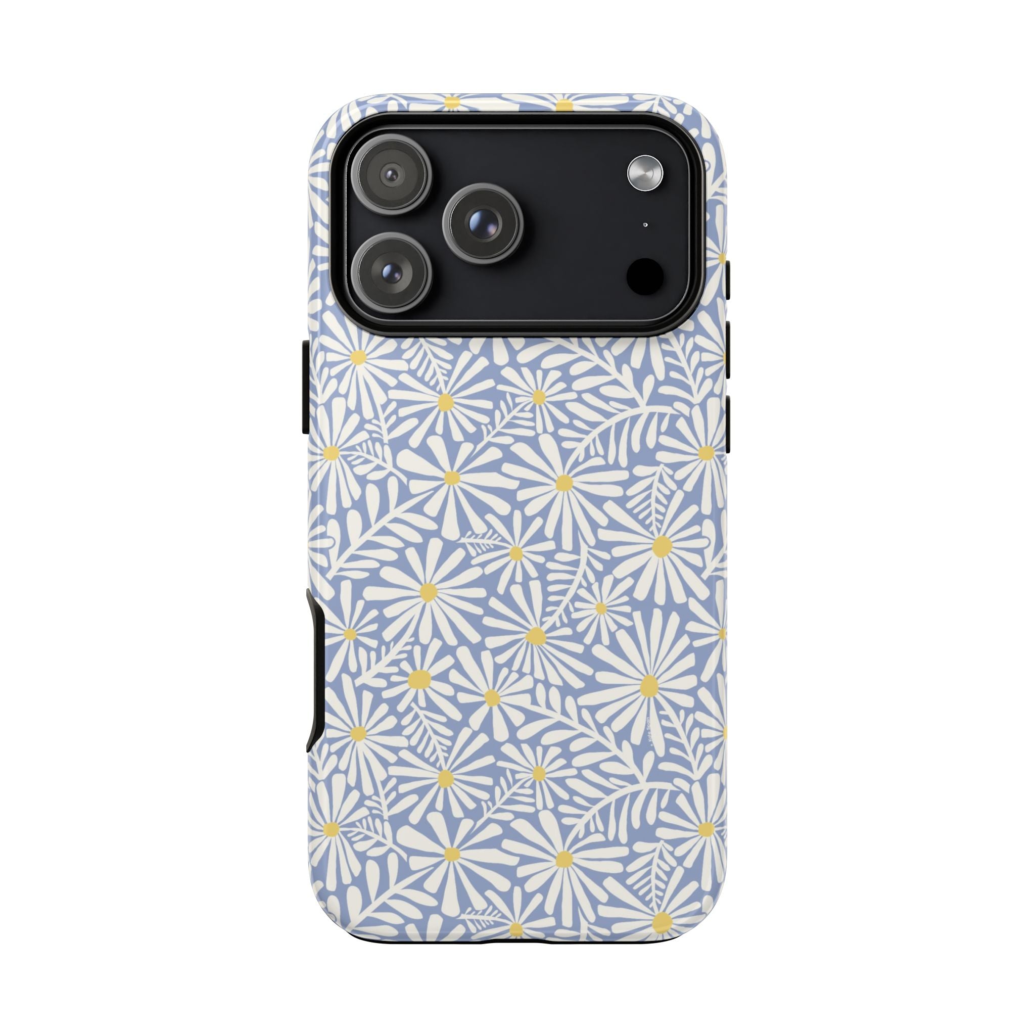 Montauk Daisy Cottage Blue iPhone 17 Pro Case – Glossy | periwinkle blue, white graphic daisy and fern print, golden yellow centers | dual-layer protection