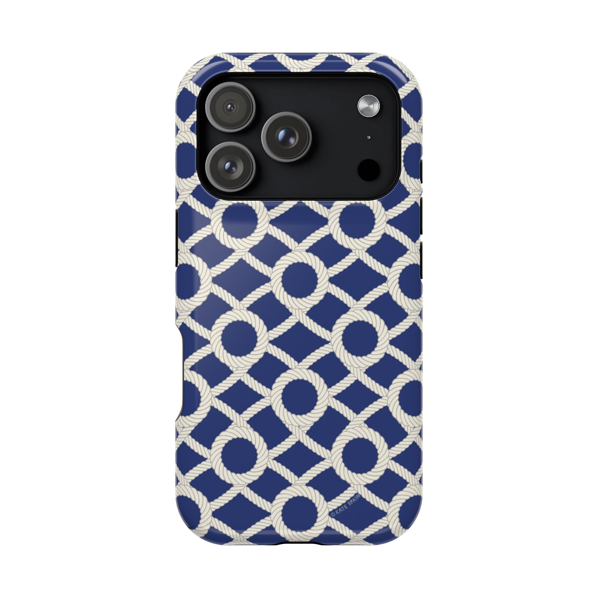 Sailor's Knot MagSafe iPhone 17 Pro Case – Glossy | navy, cream nautical rope knot lattice print