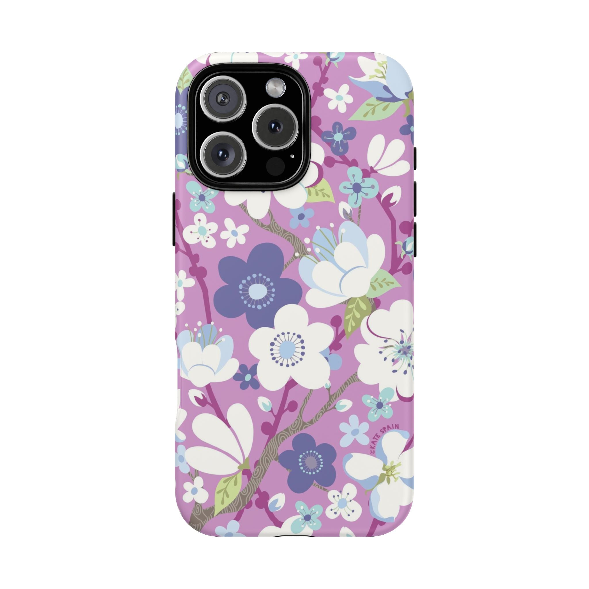 Luxury Cherry Blossom Tough iPhone 16 Pro Max Case – Glossy | mauve, purple, blue, white cherry blossom print