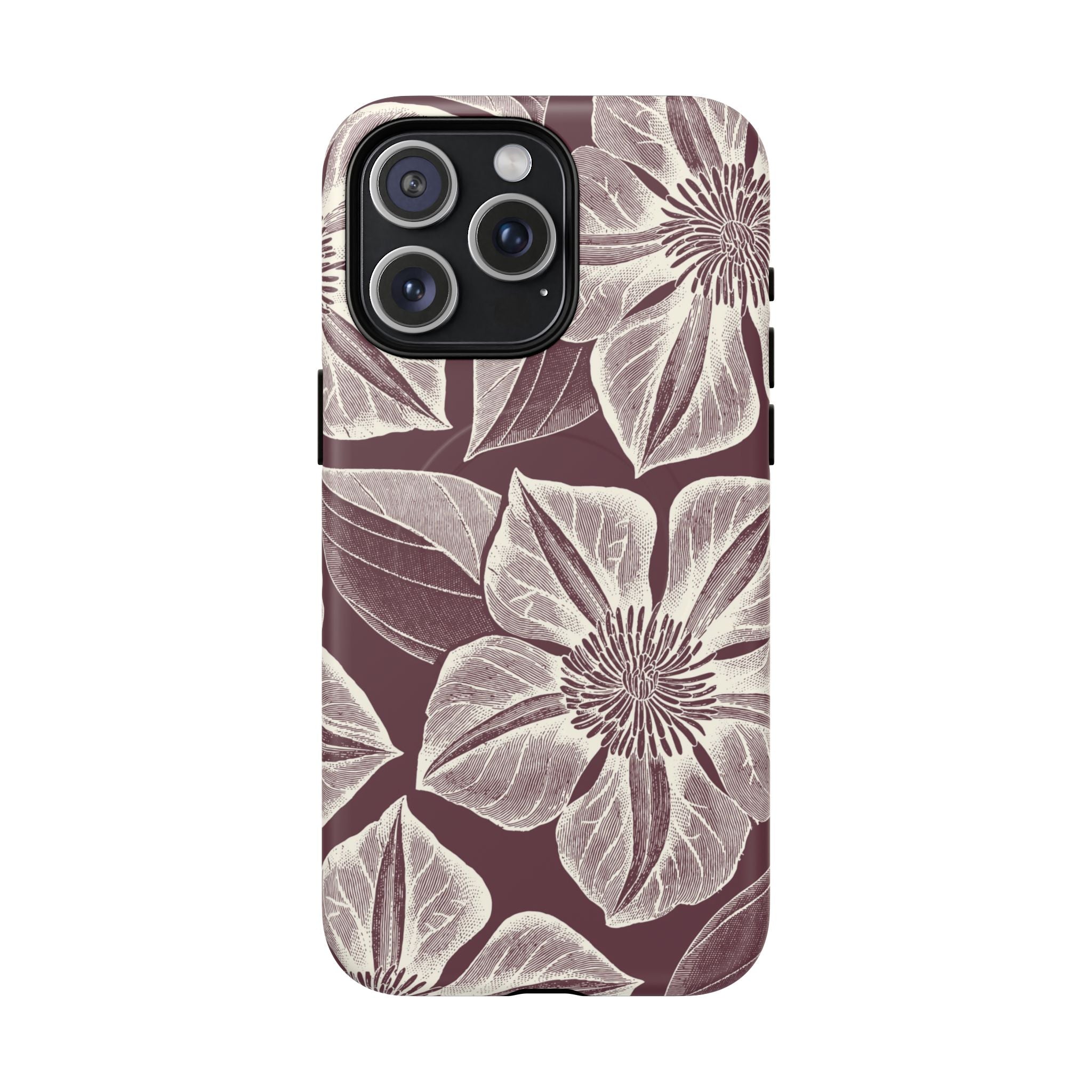 Vintage Bloom Burgundy MagSafe iPhone 15 Pro Max Case – Glossy | burgundy ground, large-scale cream clematis print, engraved petal detail, dual-layer protection