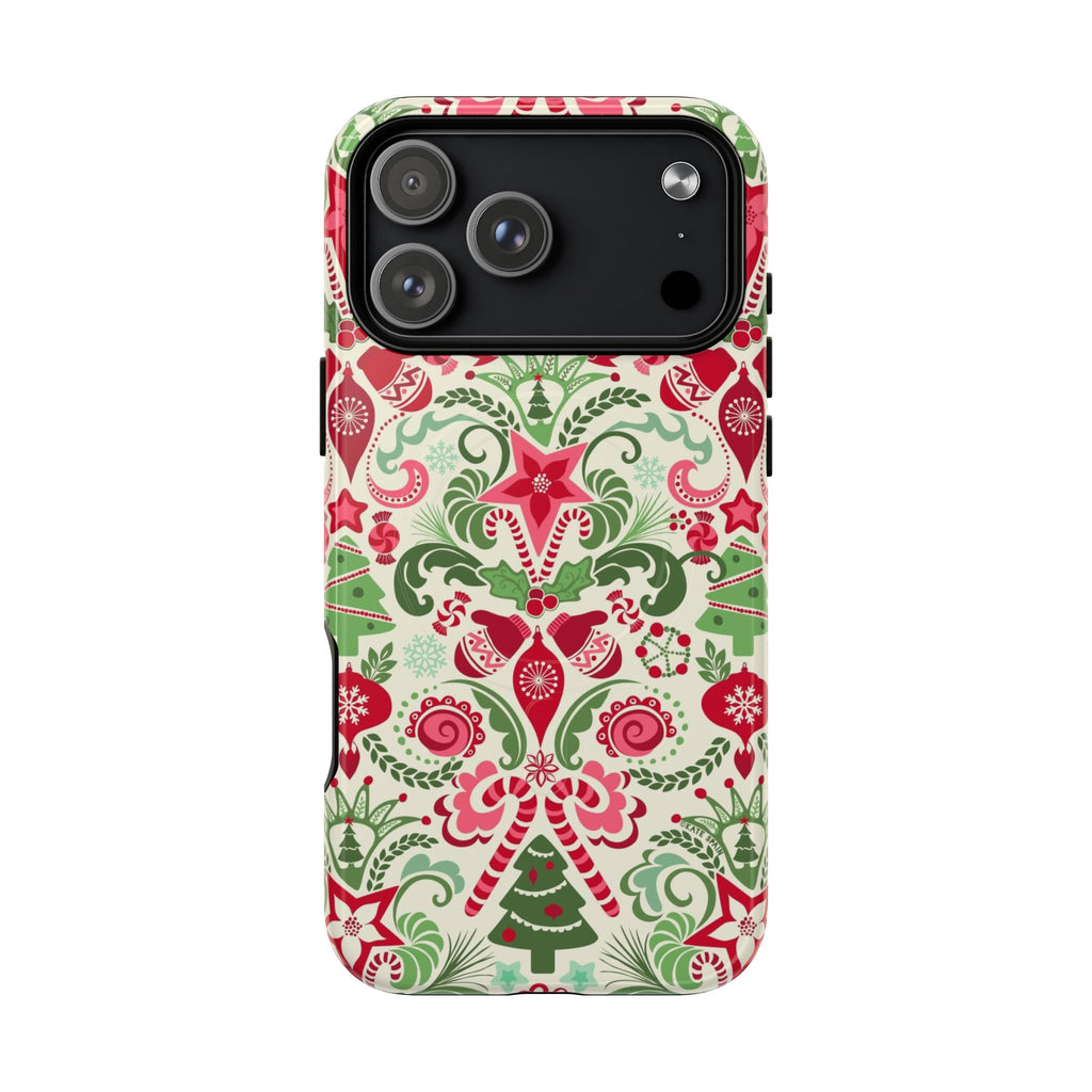 Wonderland MagSafe iPhone 17 Pro Max Case – Glossy | cream, red, and green Christmas holiday medallion print with ornaments, candy canes, trees, and stars