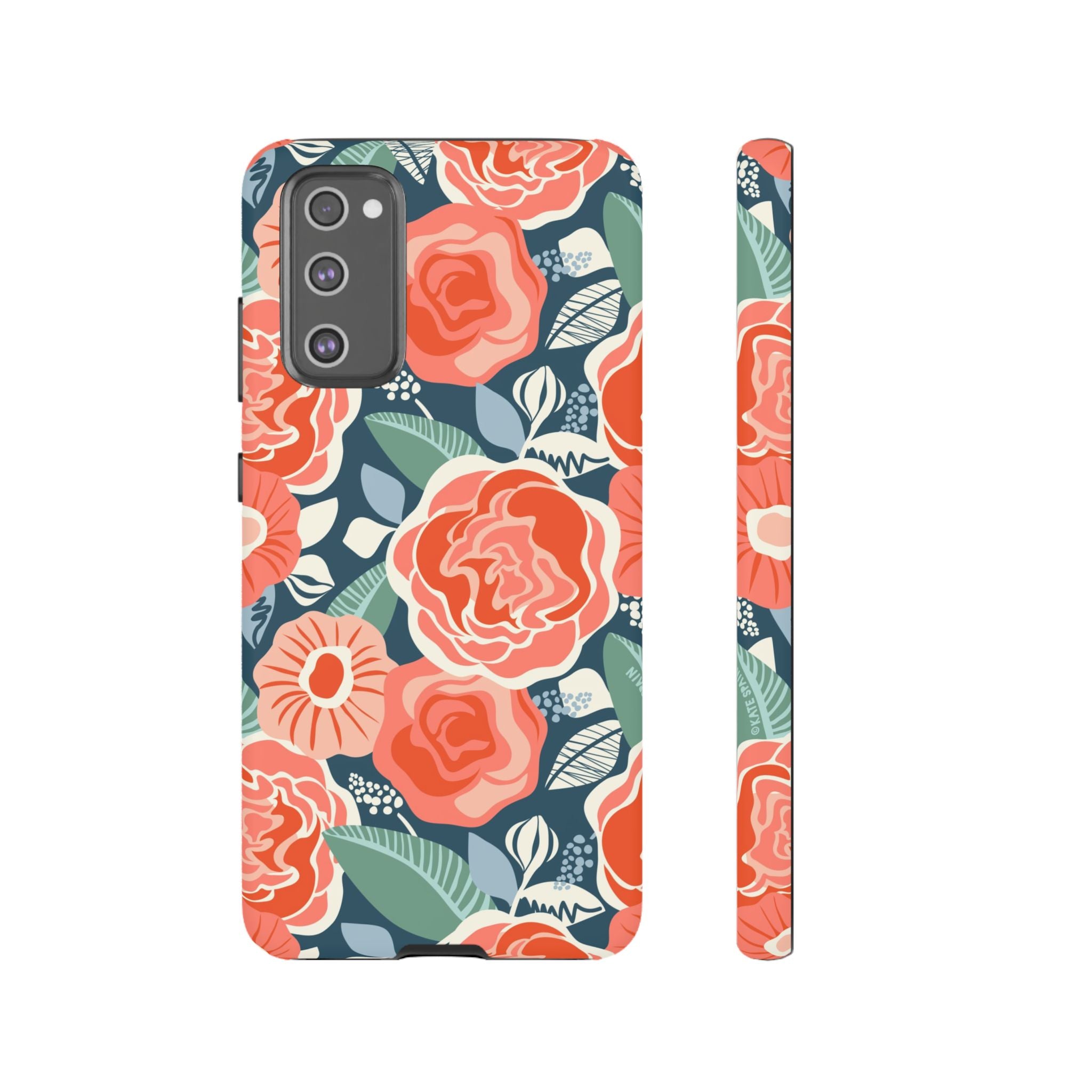 Luxury Tea Rose Navy Samsung Galaxy S20 FE Case – Matte | navy, coral, peach botanical rose floral print