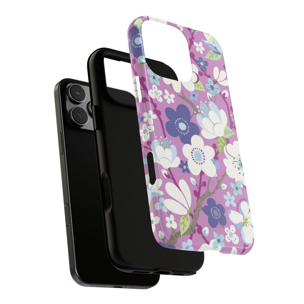 Luxury Cherry Blossom Tough iPhone 16 Pro Max Case – detail view of layered construction of case | mauve, purple, blue, white cherry blossom print