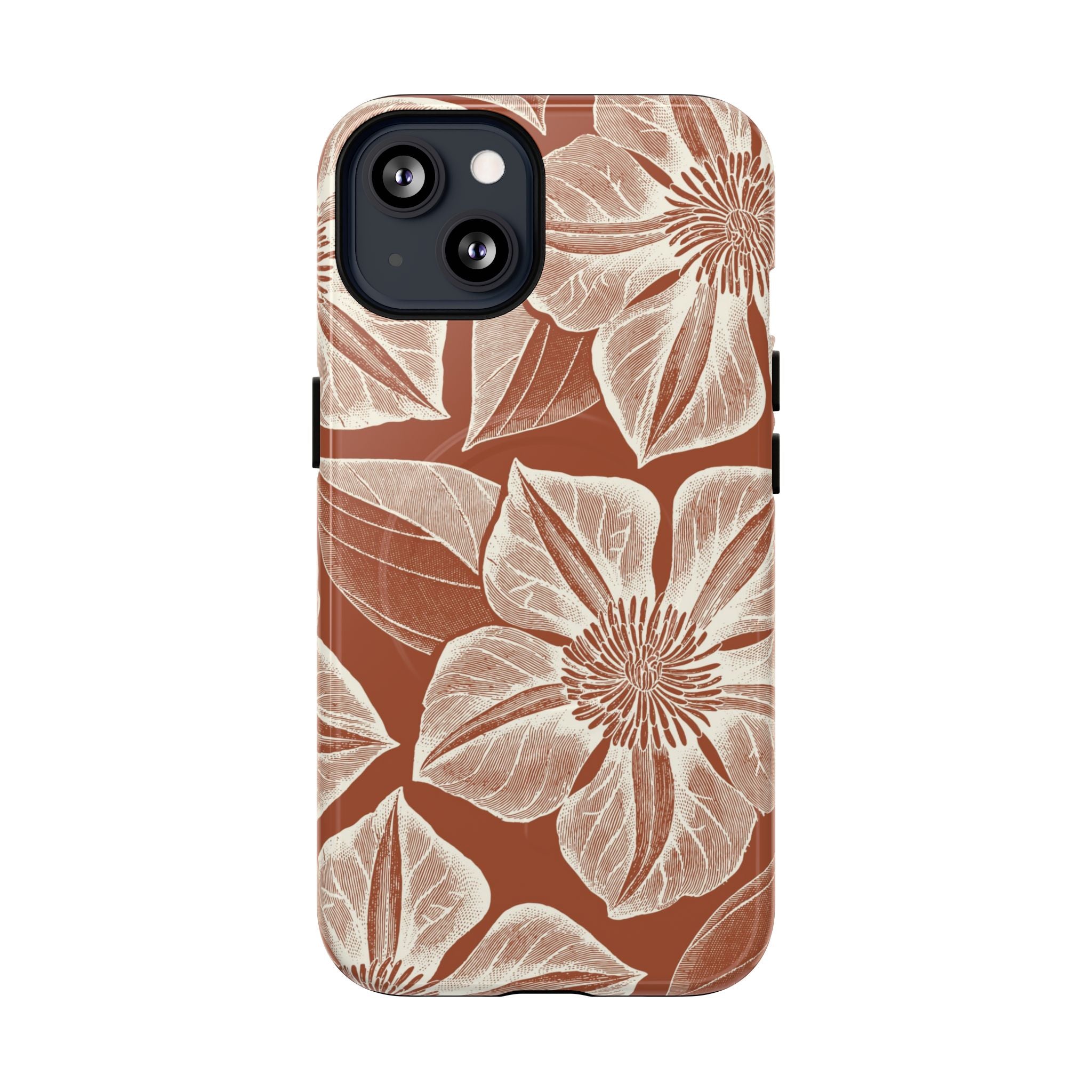 Vintage Bloom Sienna MagSafe iPhone 13 – Glossy | sienna ground, large-scale cream clematis print, engraved petal detail, dual-layer protection