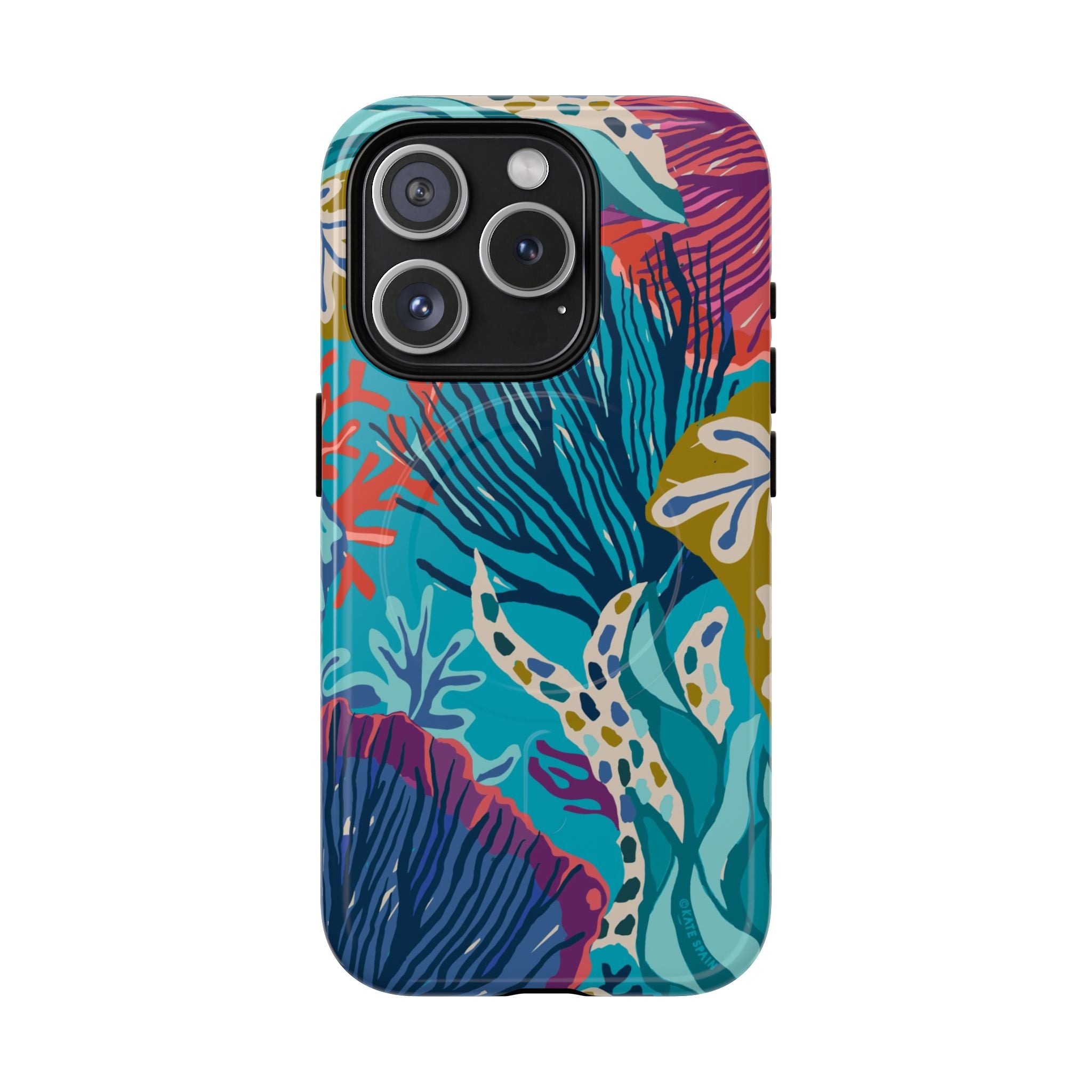 Reef MagSafe iPhone 15 Pro Case – Glossy | teal, coral, navy, purple botanical coral reef print
