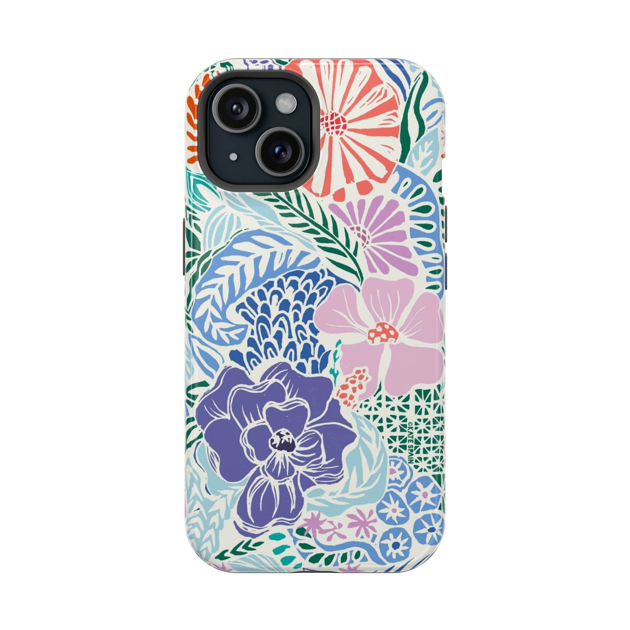 Tropica MagSafe iPhone 15 Case – Glossy | purple, coral, pink, blue botanical tropical floral print MagSafe compatible, dual-layer protection