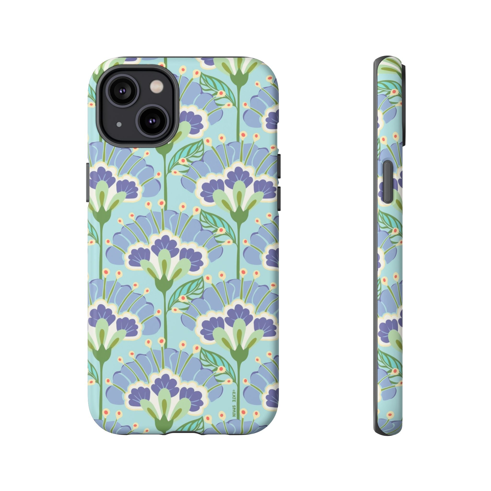 Lantern Flower Tough iPhone 14 Plus Case – Matte | aqua, periwinkle, green botanical lantern floral print