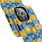 Sunflowers Tough iPhone 16 Pro Max Case – Glossy | blue, yellow, gold geometric sunflower print