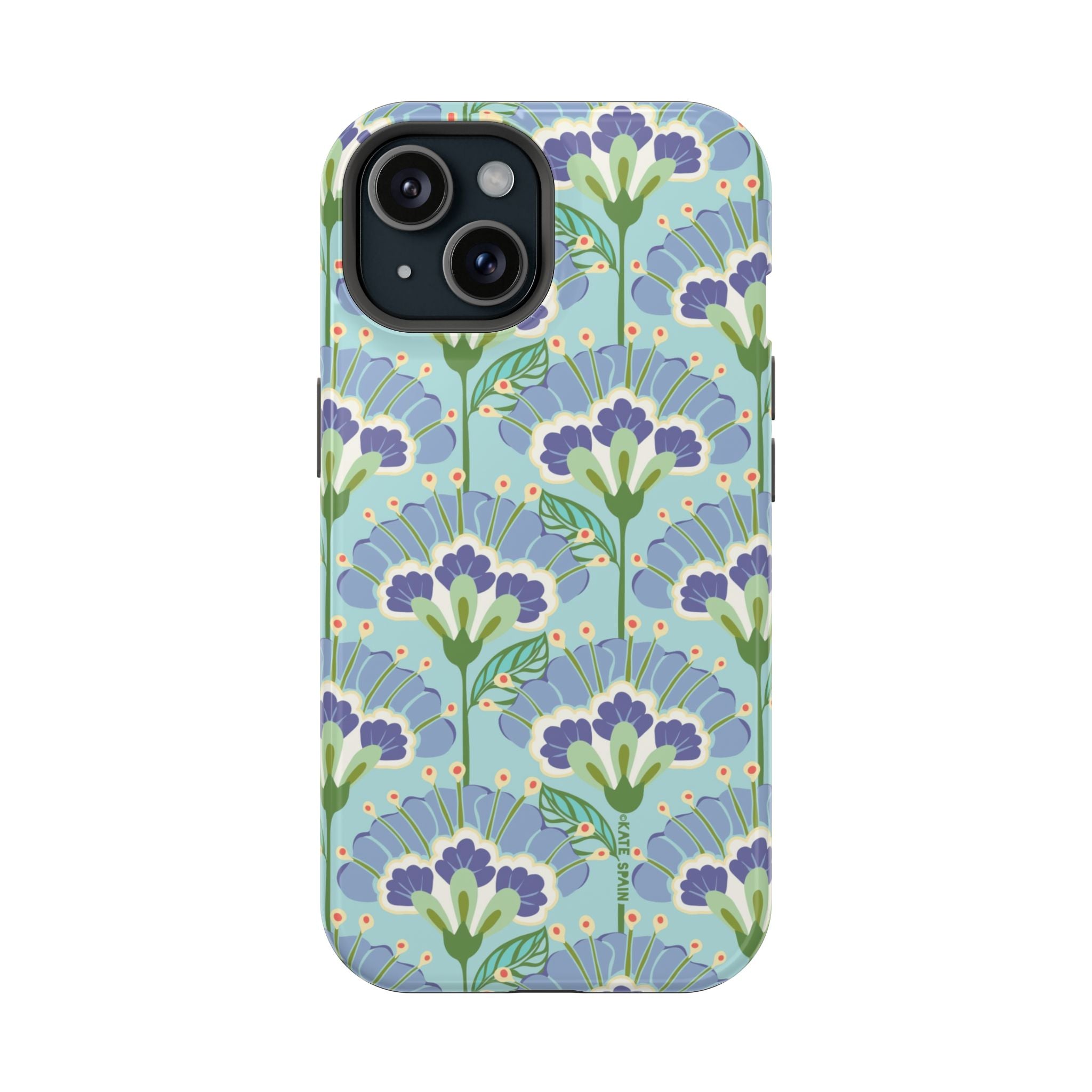Lantern Flower MagSafe iPhone 14 Case – Glossy | aqua, periwinkle, green botanical lantern floral print MagSafe compatible, dual-layer protection