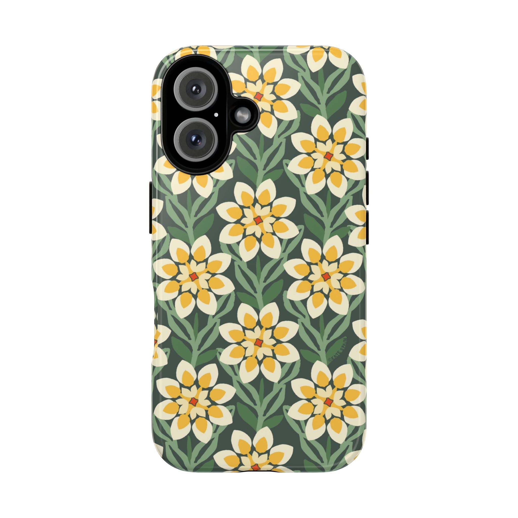 Designer Modern Dahlia Tough iPhone 16 Case – Glossy | yellow, cream, green dahlia floral print