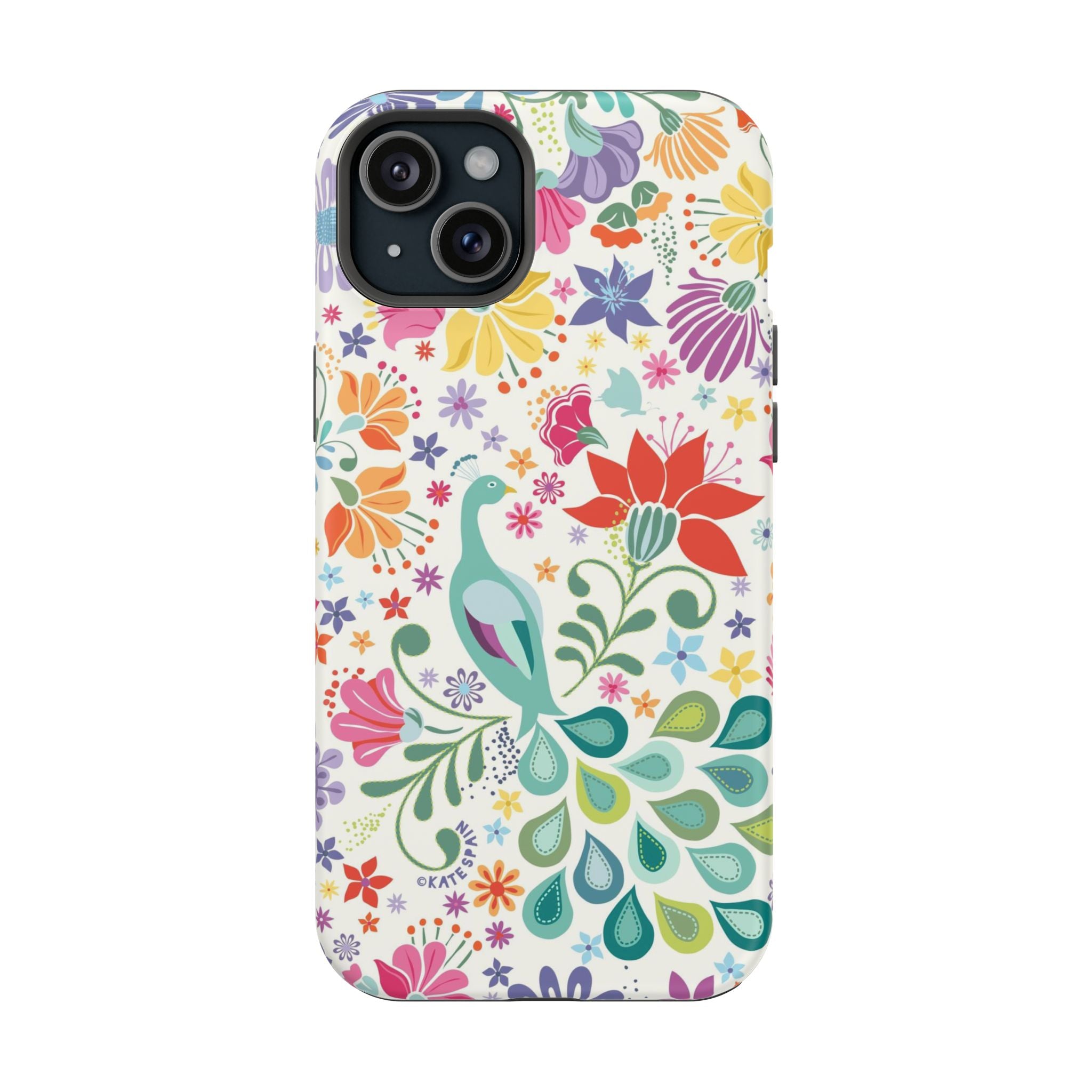 Peacock Sanctuary MagSafe iPhone 15 Plus Case – Matte | ivory, teal, navy peacock botanical print MagSafe compatible, dual-layer protection