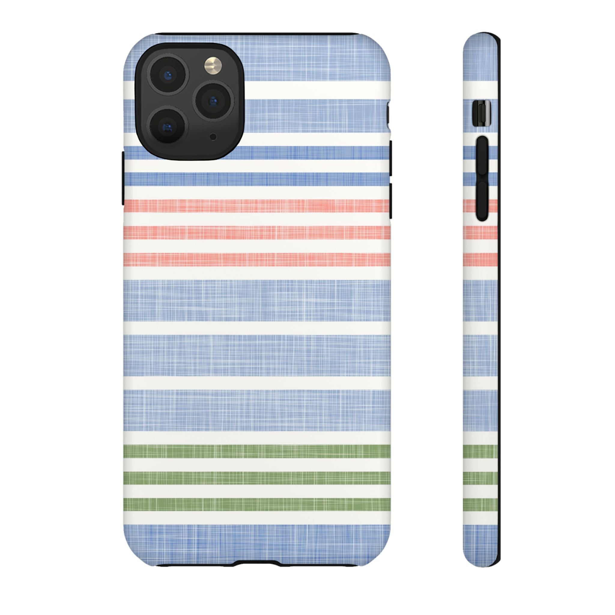 Cabana Stripe Pastel Tough iPhone 11 Pro Max Case – Matte | soft blue, coral, sage green chambray-textured stripe print dual-layer protection