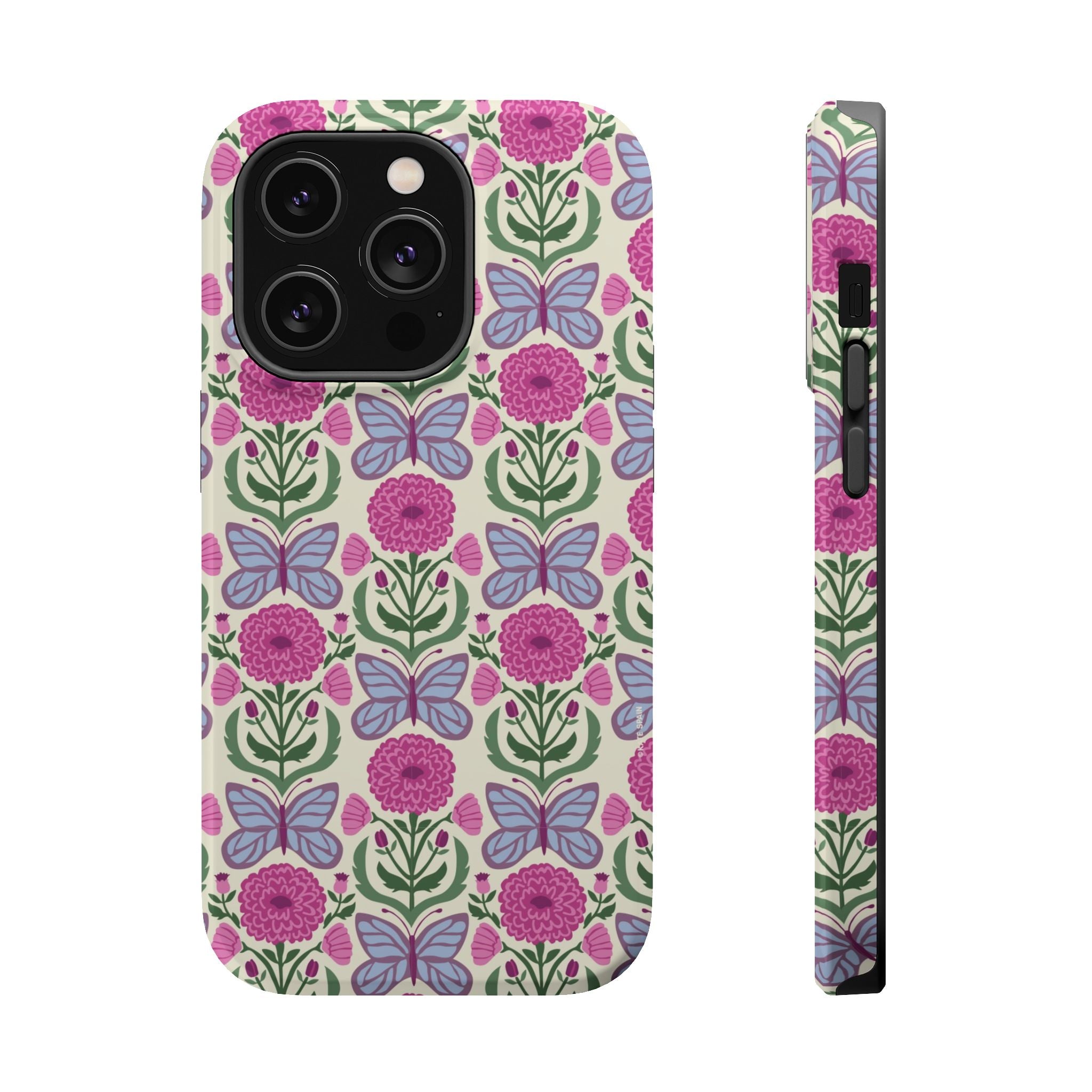 Butterfly MagSafe iPhone 14 Pro Case – Glossy | cream, magenta, periwinkle butterfly floral print