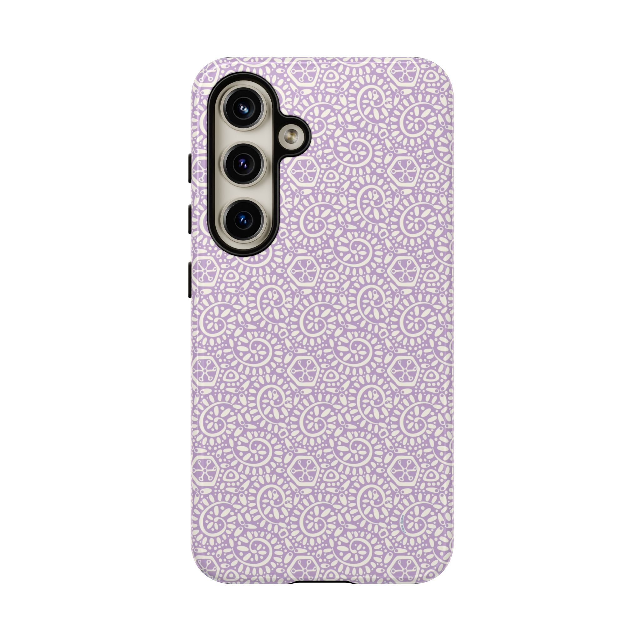 Canto Swirls Lavender Samsung Galaxy S24 Glossy Case — lavender hard case covered in an intricate folk-art medallion pattern of radiating circular motifs, dot clusters, and geometric centers