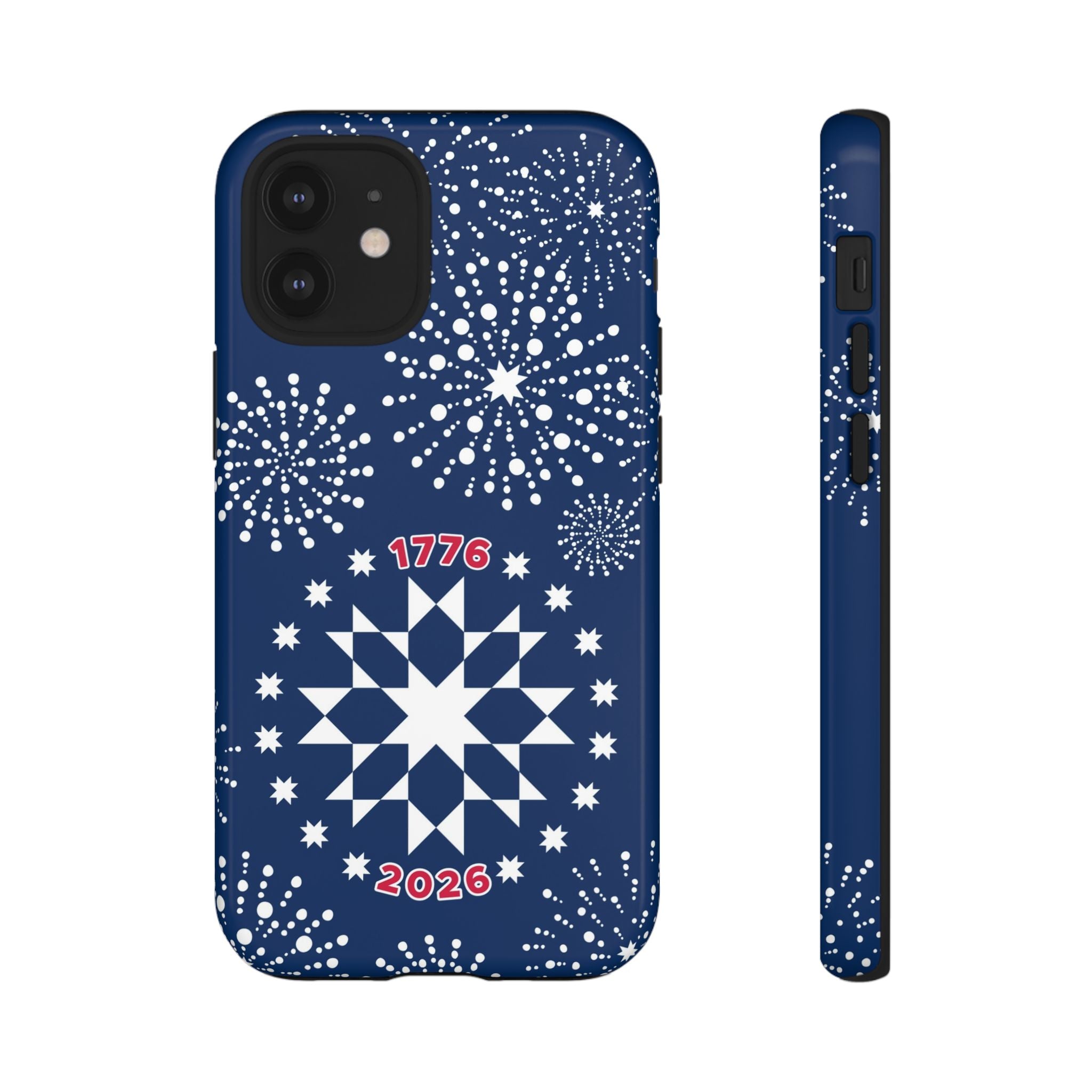 250th Fireworks Tough iPhone 12 Mini Case – Glossy | navy, white patriotic star quilt fireworks print