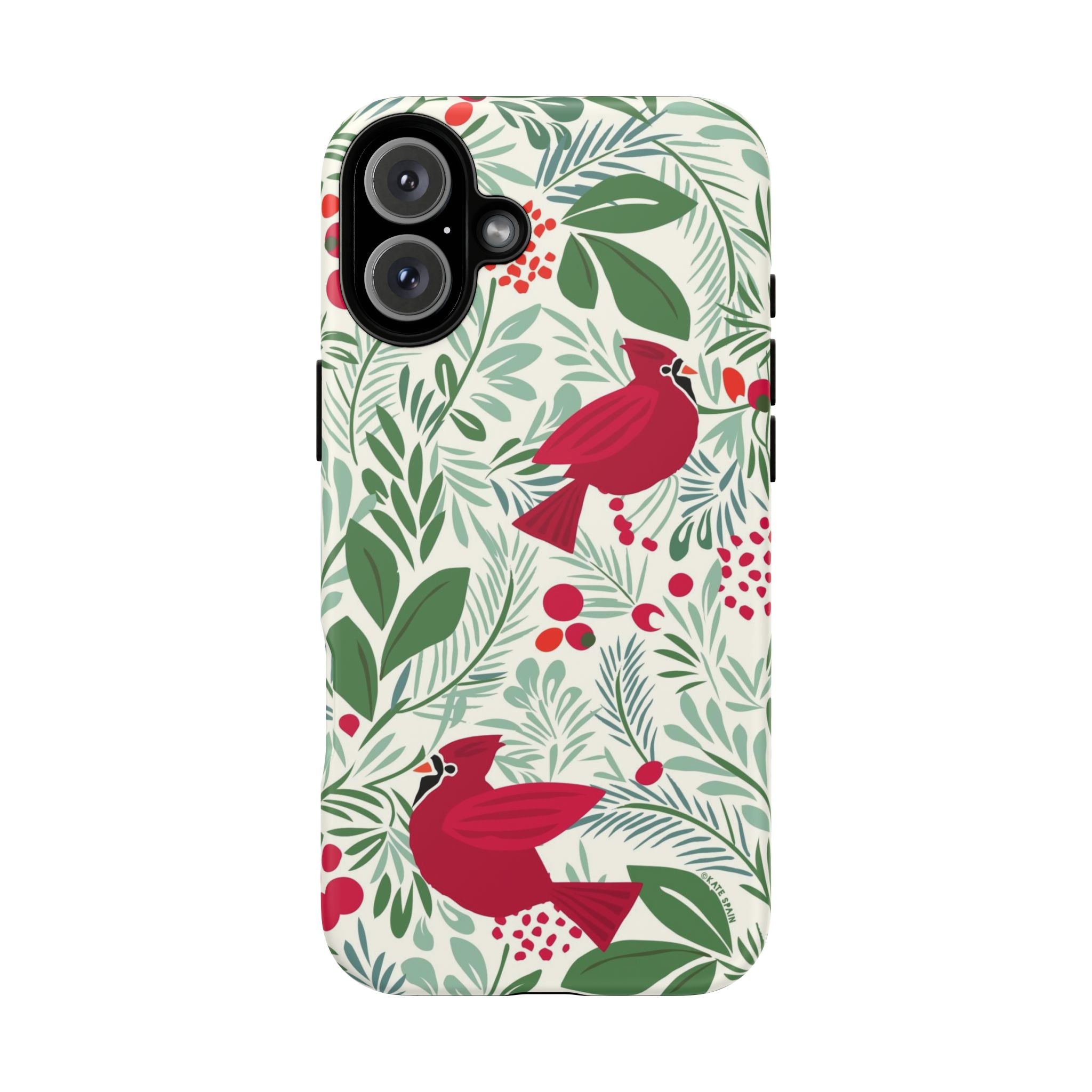 Birds and Berries Tough iPhone 16 Plus Case – Matte | cream, red, green botanical cardinal berry print