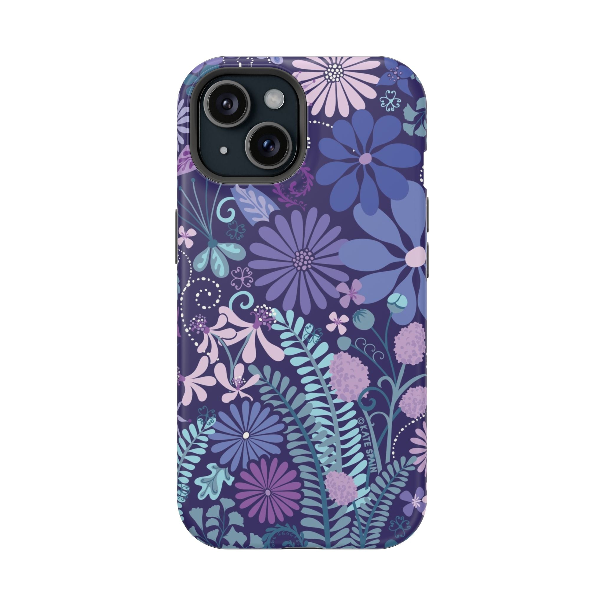 Luxury Terrain MagSafe iPhone 15 Case – Matte | navy, purple, aqua botanical woodland floral print