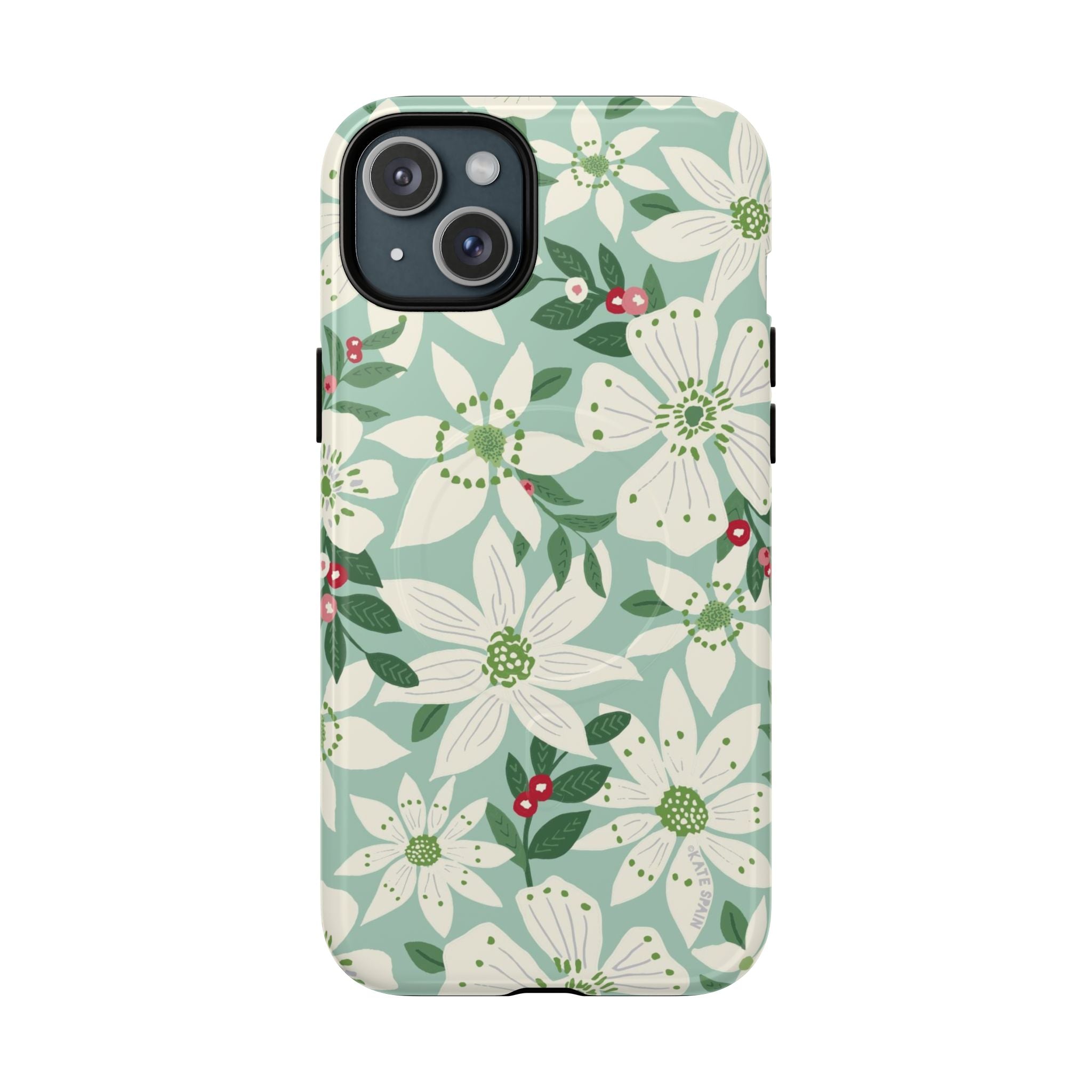 Gardenia MagSafe iPhone 15 Plus Case – Glossy | light blue, white, green, red gardenia botanical print