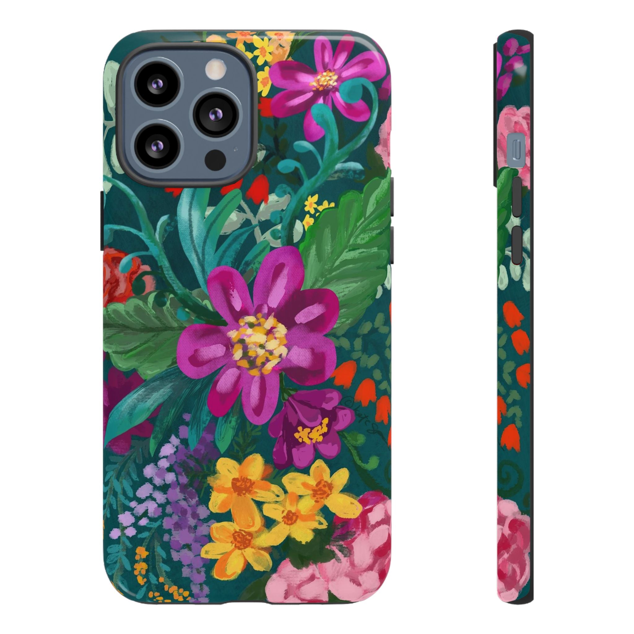Posy Tough iPhone 13 Pro Max Case – Glossy | teal, purple, magenta, yellow botanical wildflower print