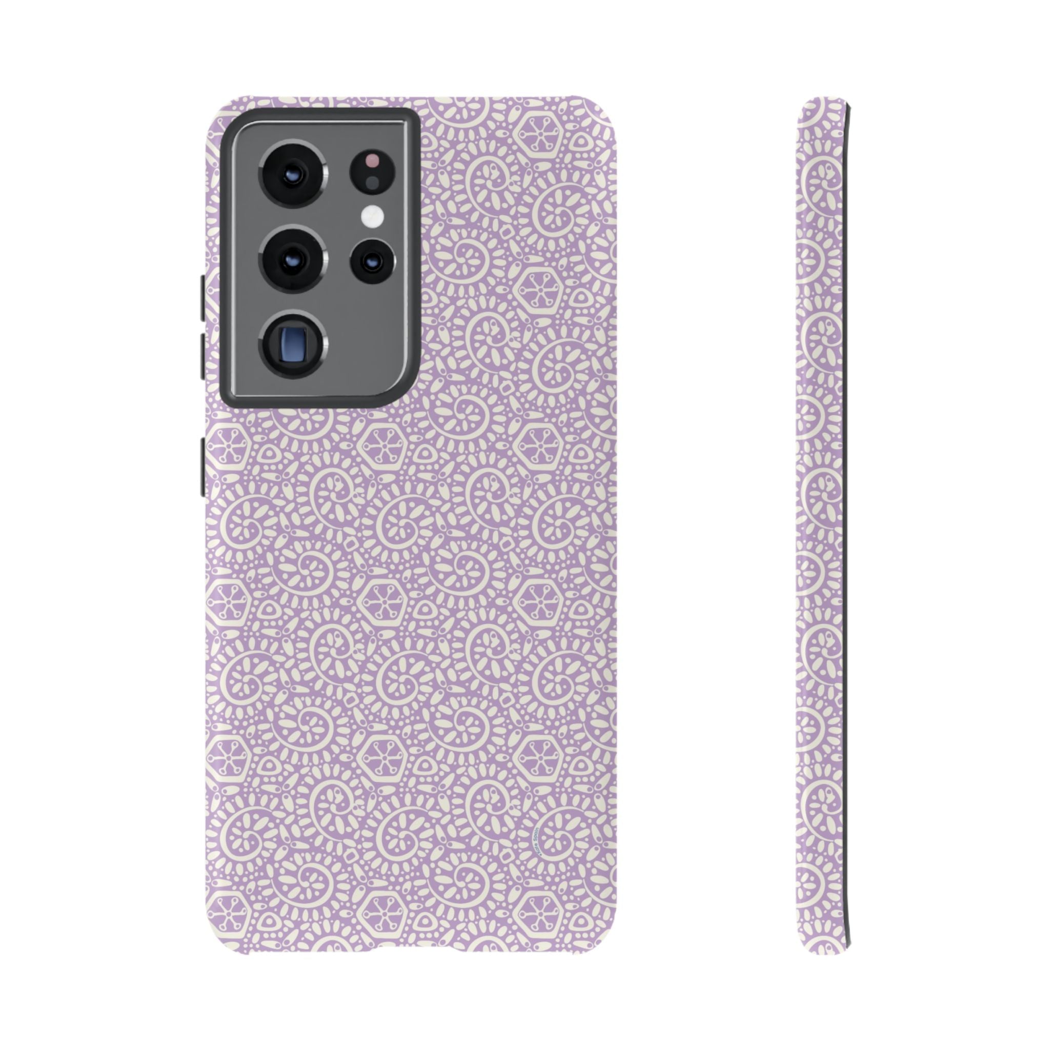 Canto Swirls Lavender Samsung Galaxy S21 Ultra Glossy Case — lavender hard case covered in an intricate folk-art medallion pattern of radiating circular motifs, dot clusters, and geometric centers