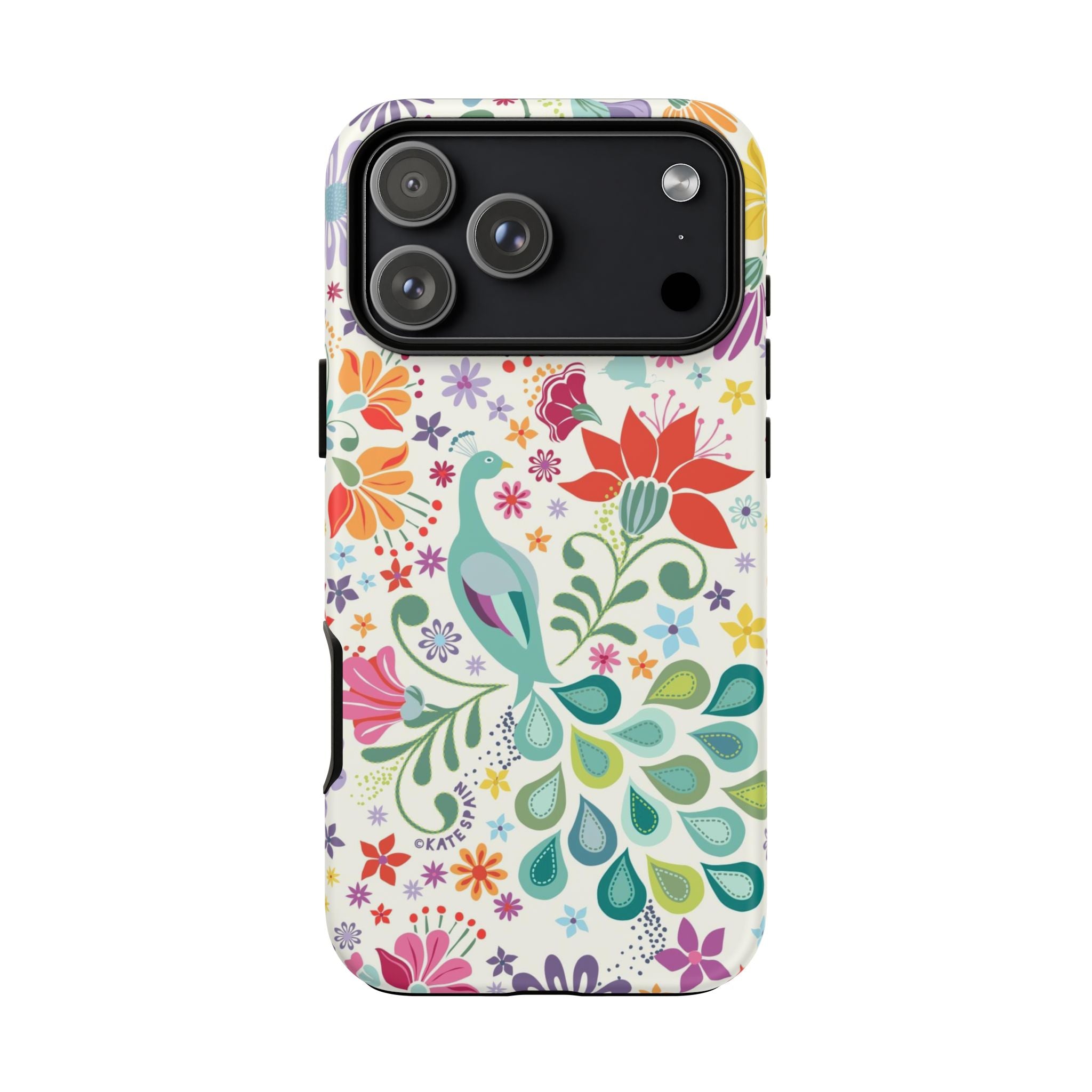 Peacock Sanctuary Tough iPhone 17 Pro Max Case – Matte | white, teal, coral multicolor vibrant peacock feather botanical print