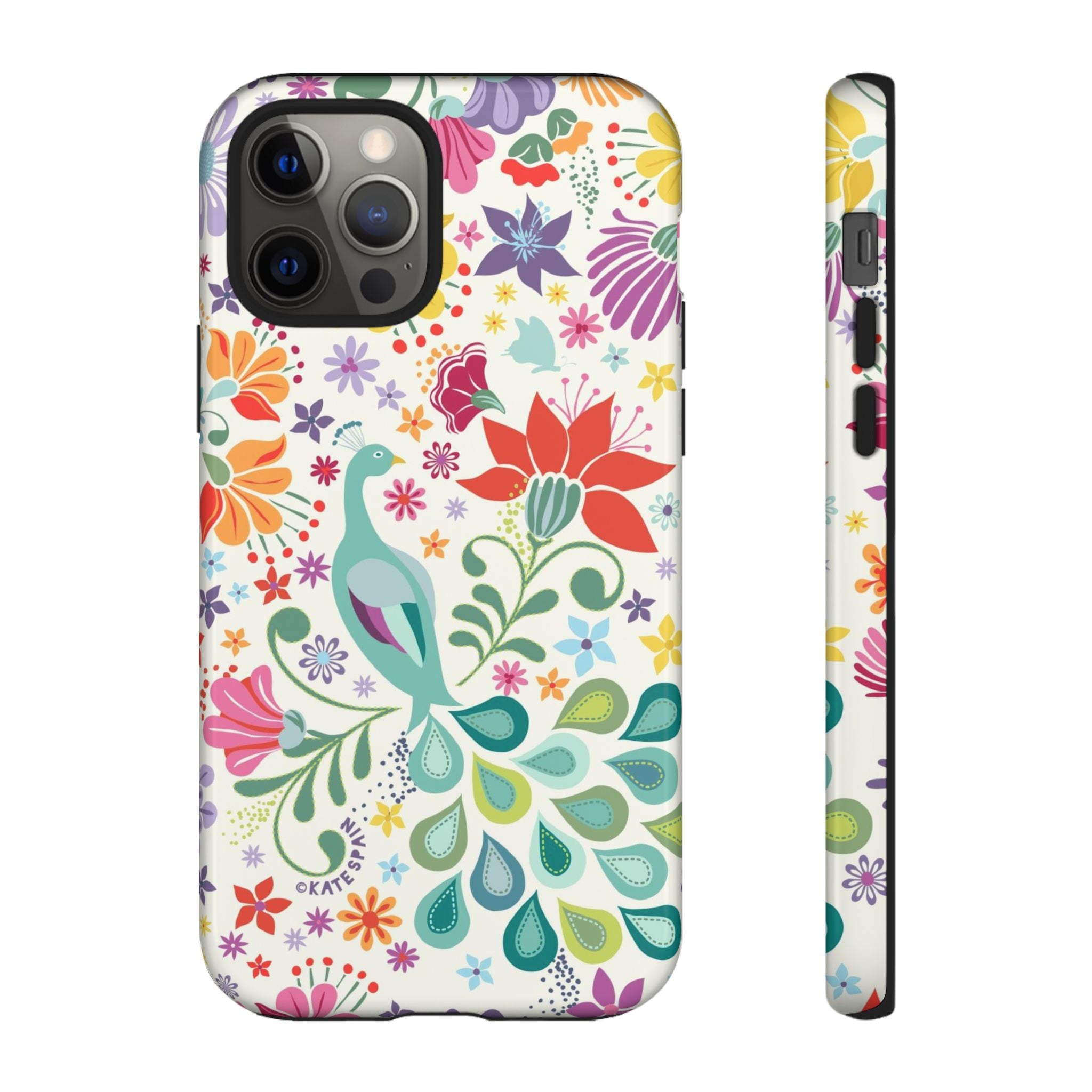 Peacock Sanctuary Tough iPhone 12 Pro Case – Glossy | white, teal, coral multicolor vibrant peacock feather botanical print