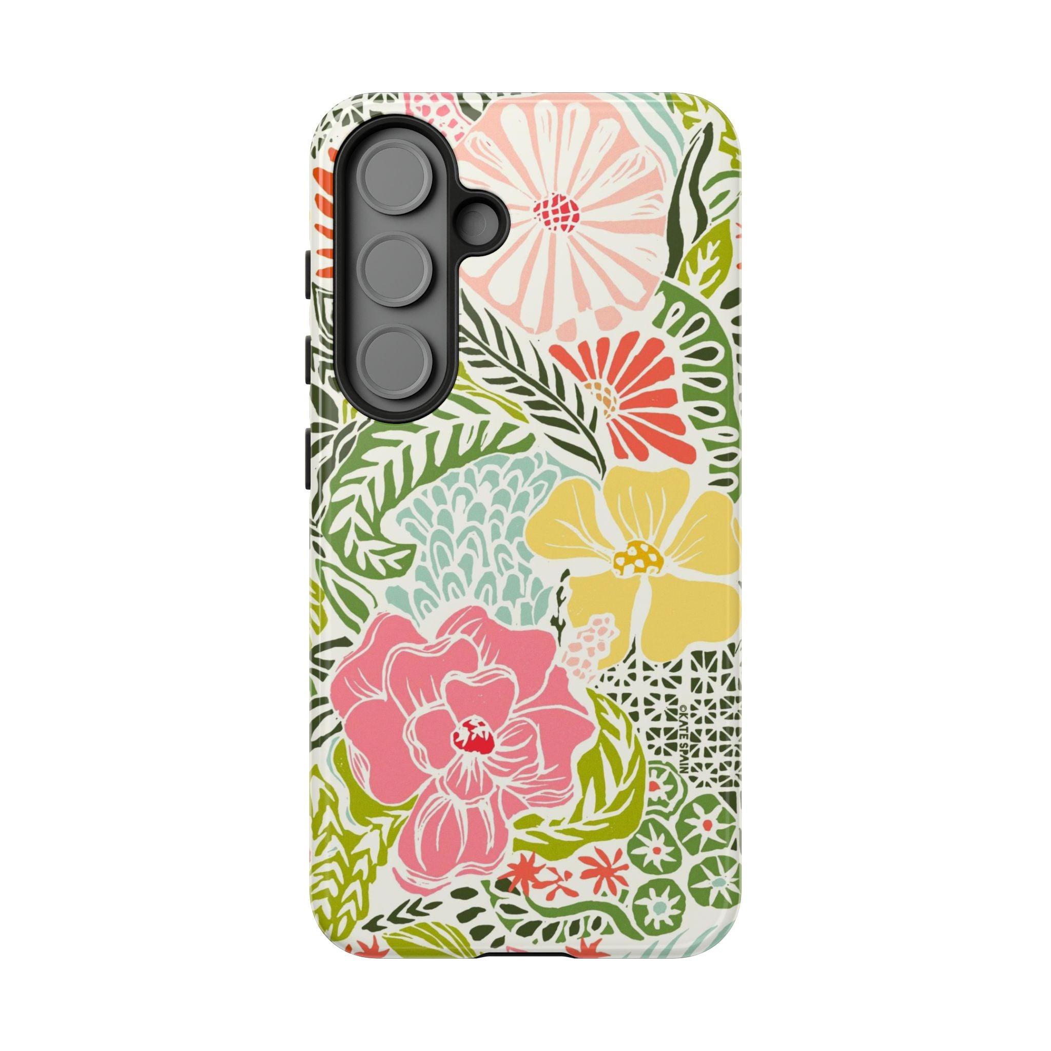 Cute Tropica Samsung Galaxy S25 Case – Glossy | cream, pink, yellow, blue botanical floral print