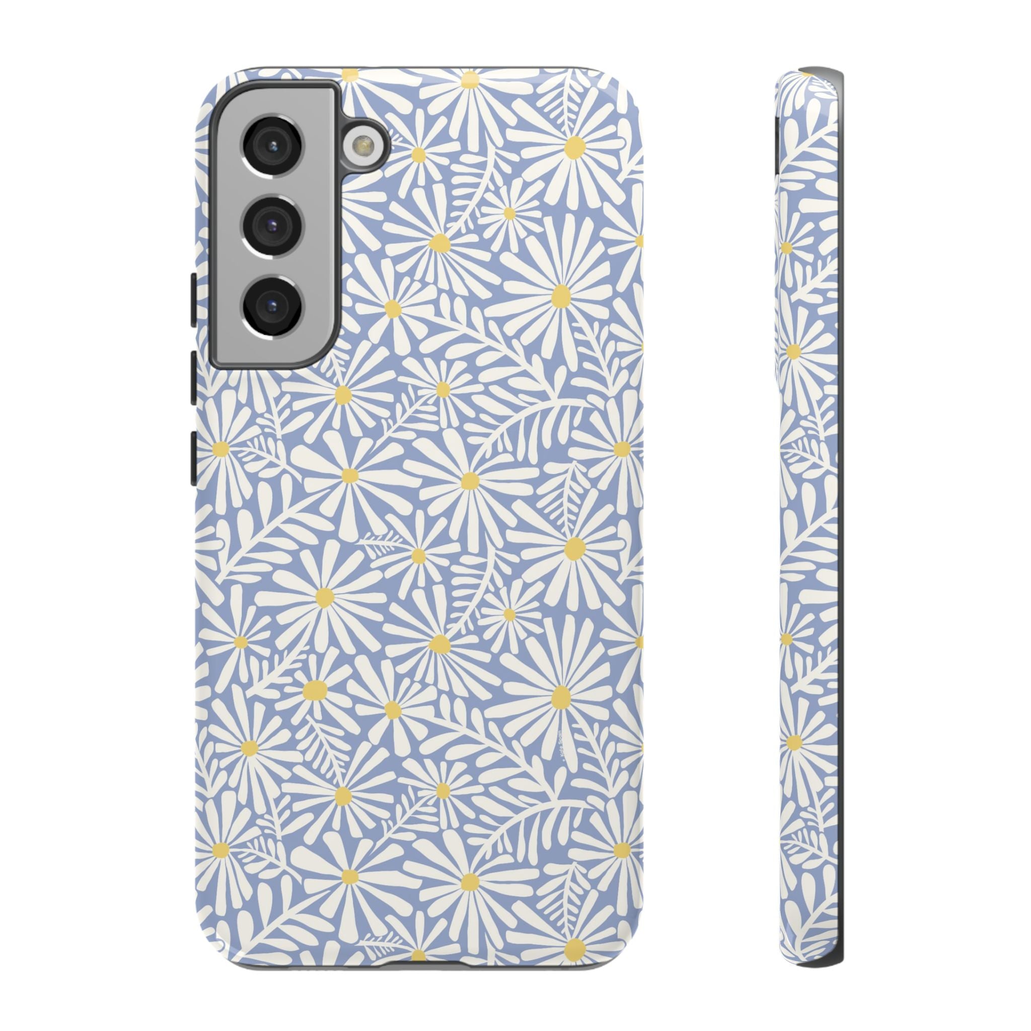 Montauk Daisy Cottage Blue Samsung Galaxy S22 Plus Glossy case — white daisy and fern print on periwinkle blue by Kate Spain