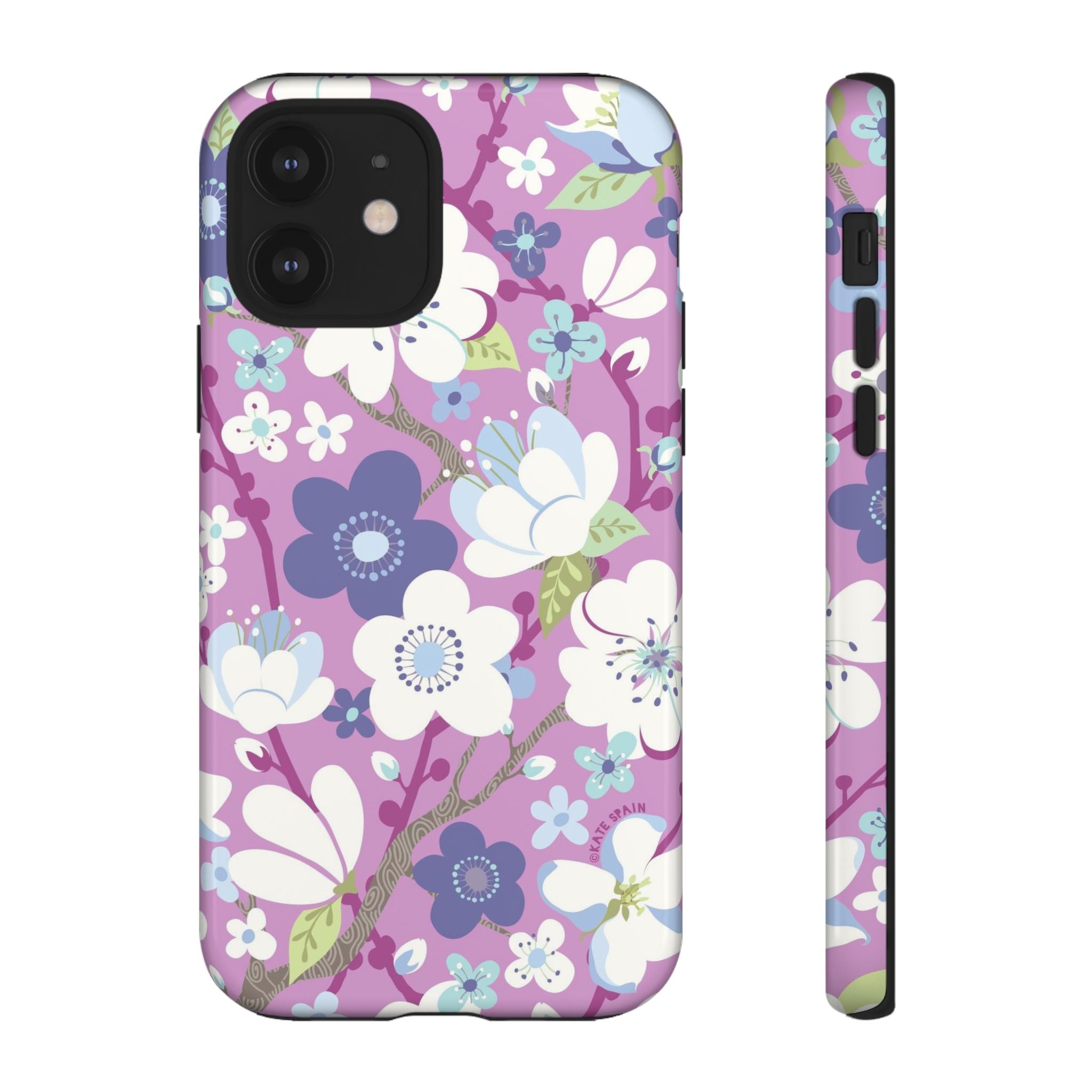 Luxury Cherry Blossom Tough iPhone 12 Case – Glossy | mauve, purple, blue, white cherry blossom print