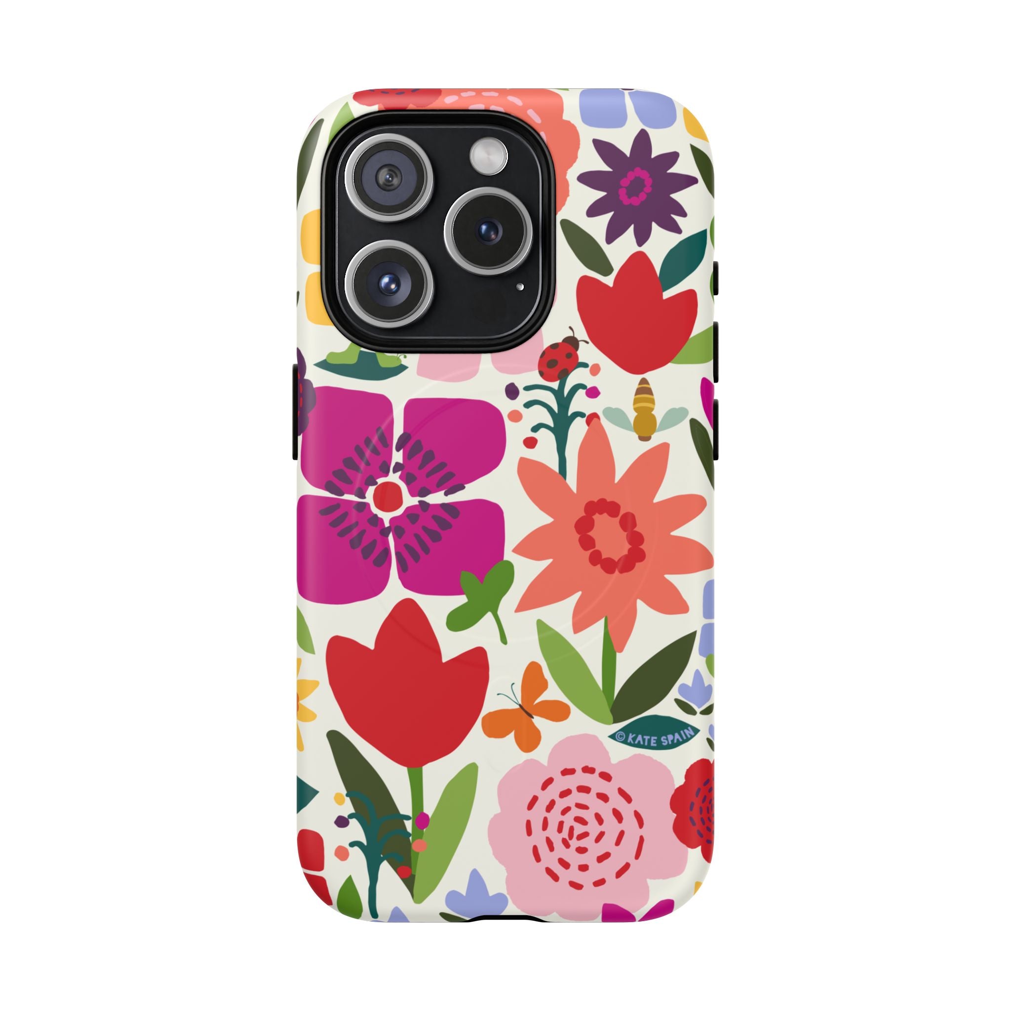Happy Blooms MagSafe iPhone 15 Pro Case – Matte | cream, red, magenta, coral botanical floral print