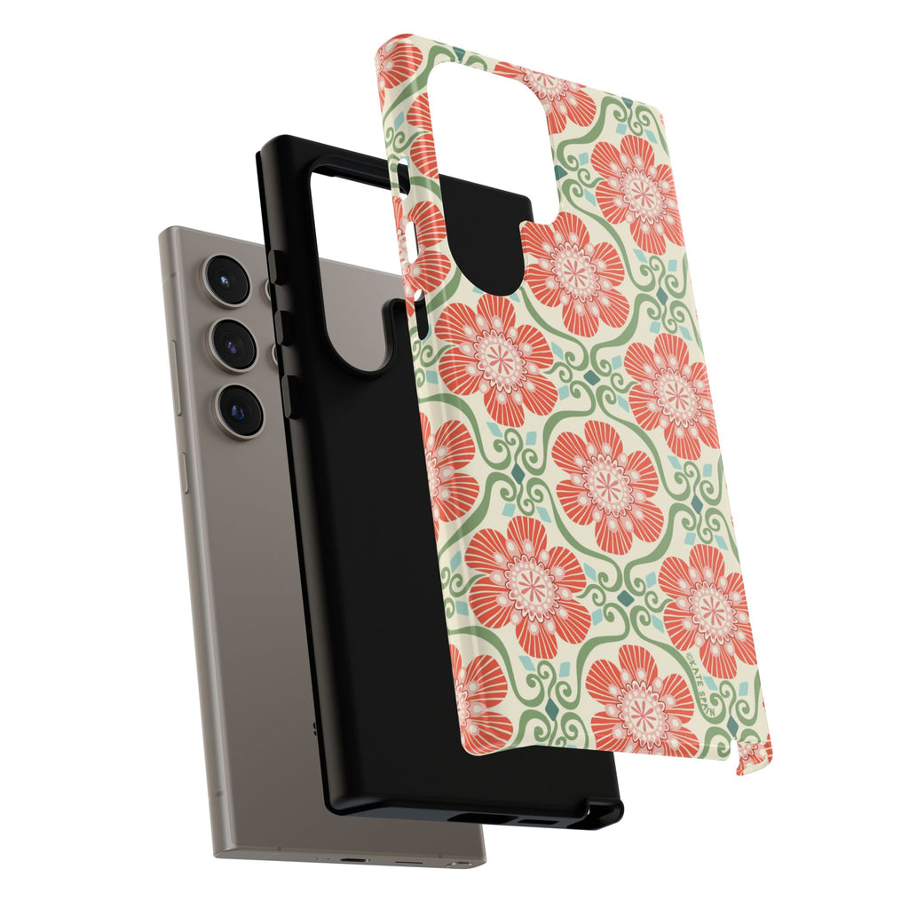 Luxury Barcelona Flowers Samsung Galaxy S24 Ultra Case – Glossy | close-up of shock-absorbing layered construction of case in cream, coral, sage botanical floral print