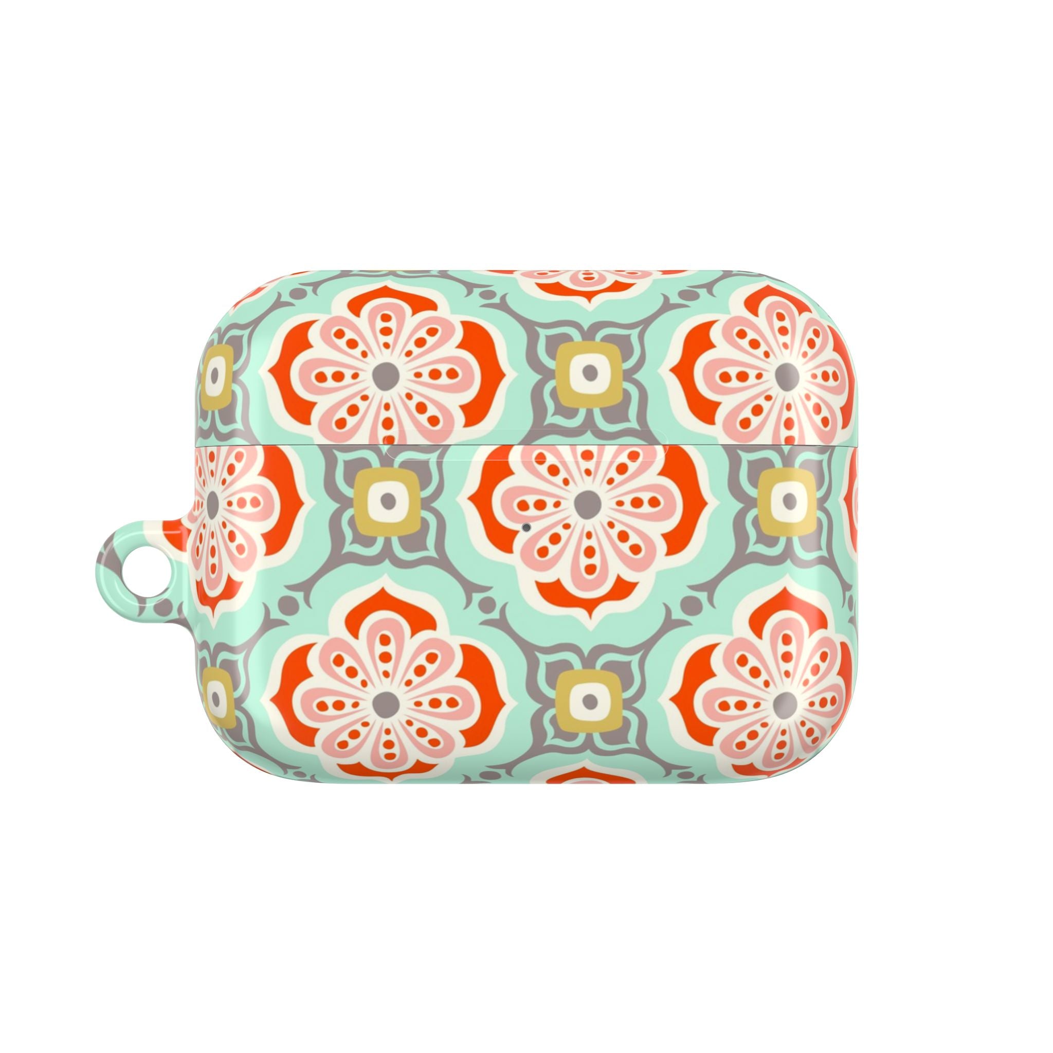 AirPods Gen 1 case – Glossy | terracotta red, coral, and gold geometric tile pattern on sage green ground