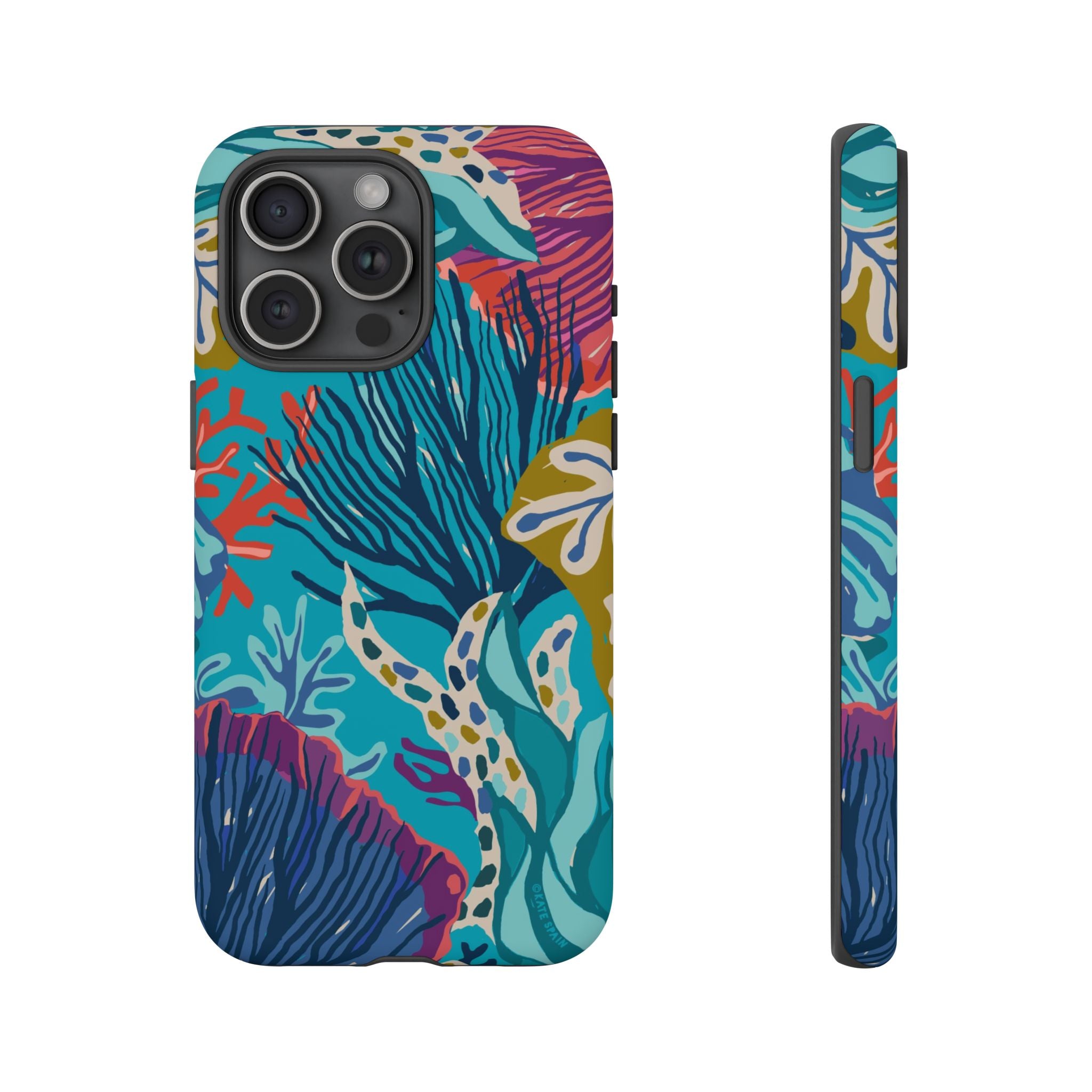 Reef Tough iPhone 15 Pro Max Case – Matte | teal, coral, navy, purple botanical coral reef print