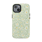 Montauk Daisy Meadow Green MagSafe iPhone 14 Case – Matte | sage green, white graphic daisy and fern print, golden yellow centers MagSafe compatible, dual-layer protection