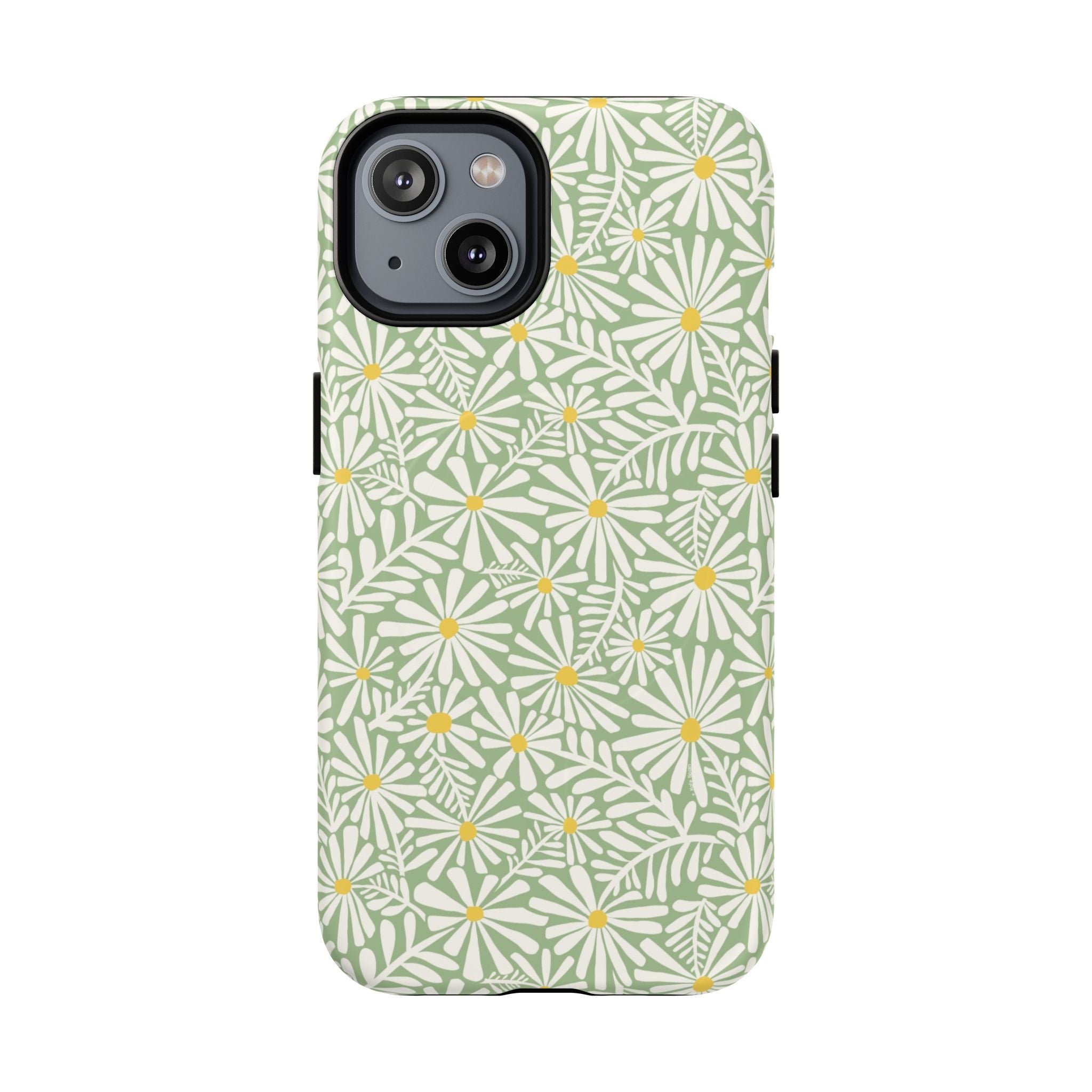 Montauk Daisy Meadow Green MagSafe iPhone 14 Case – Matte | sage green, white graphic daisy and fern print, golden yellow centers MagSafe compatible, dual-layer protection