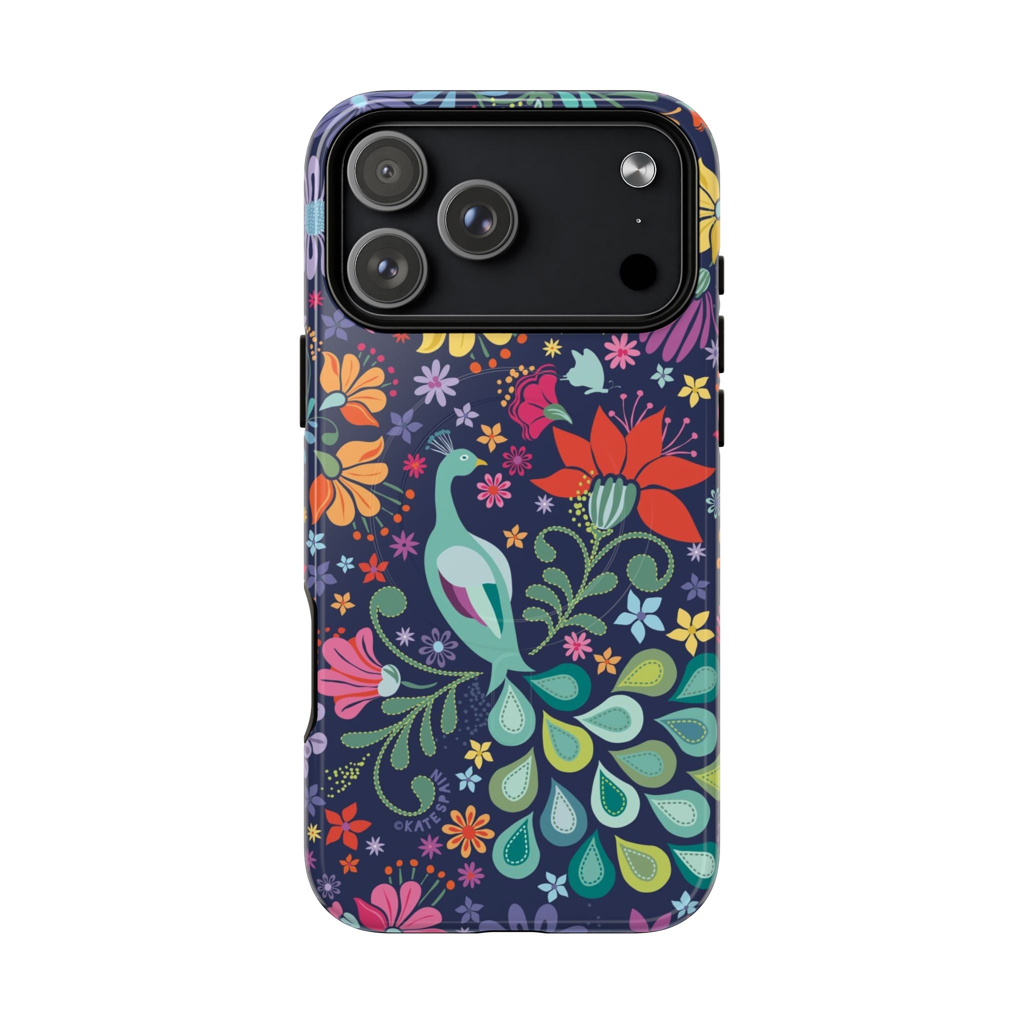 Peacock Sanctuary MagSafe iPhone 17 Pro Max Case – Glossy | navy, teal, coral multicolor vibrant peacock feather botanical print