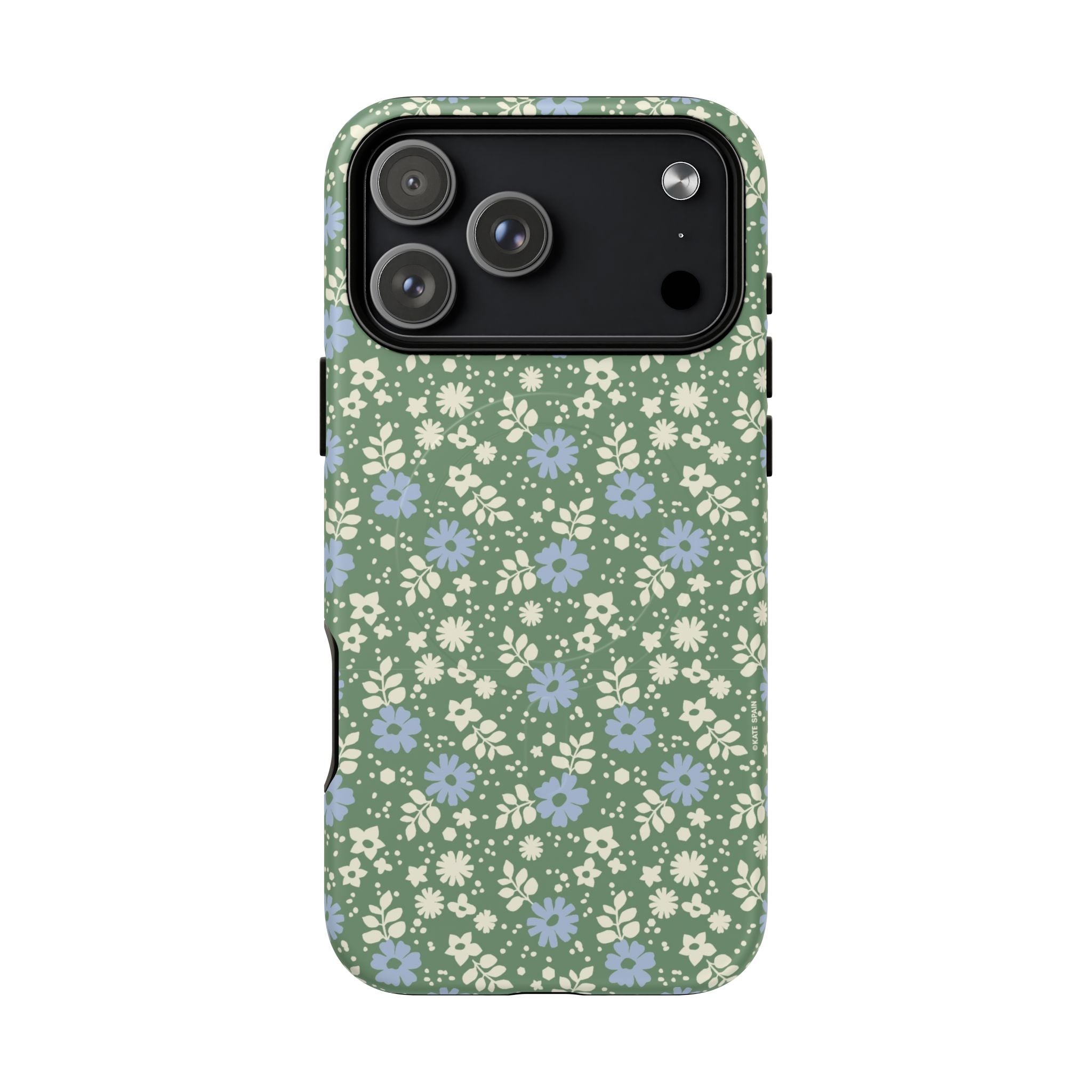 Petaline Green MagSafe iPhone 17 Pro Max Case – Matte | cream and periwinkle blue ditsy floral print on a sage green ground