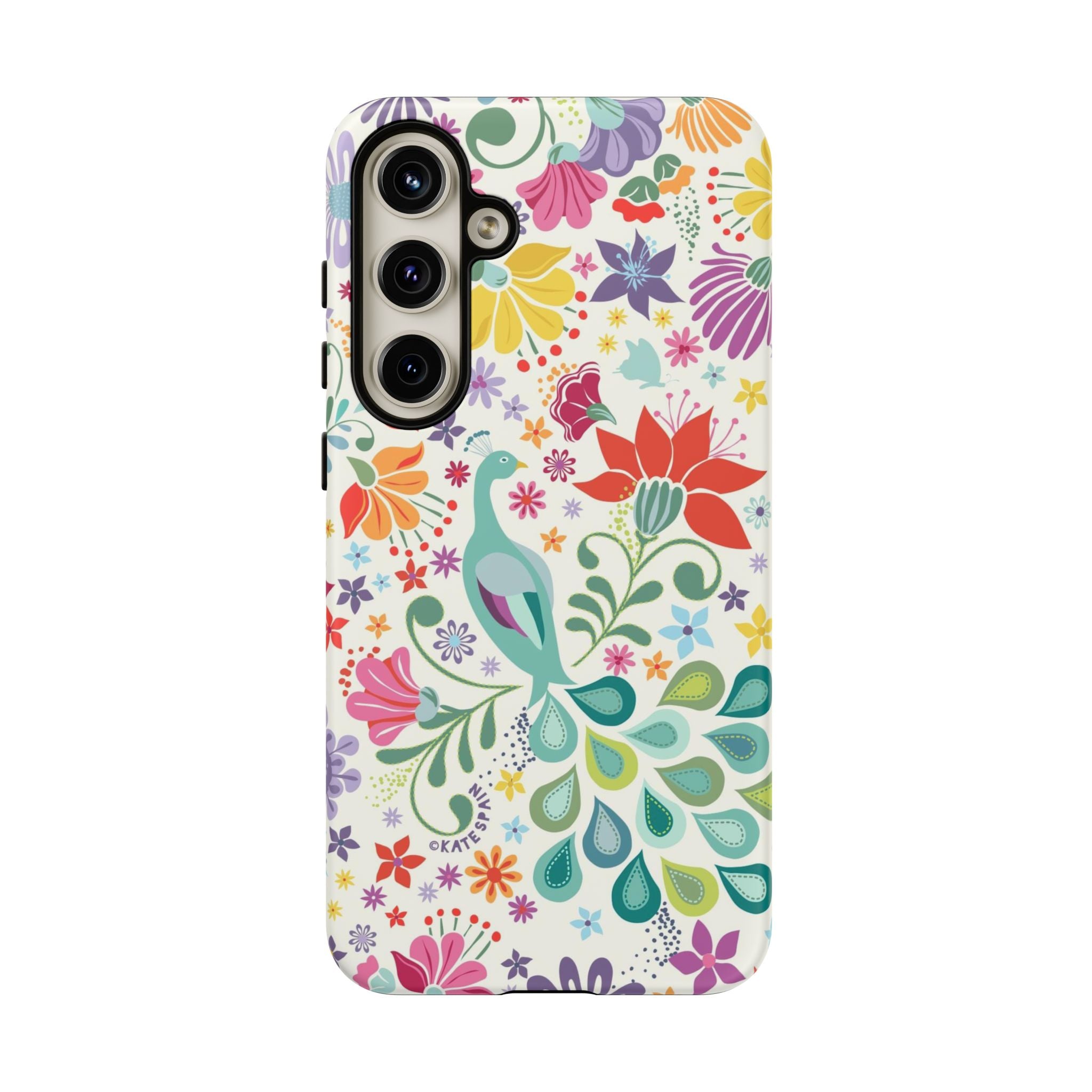 Luxury Peacock Sanctuary Samsung Galaxy S24 Plus Case – Matte | white, teal, coral multicolor vibrant peacock feather botanical print