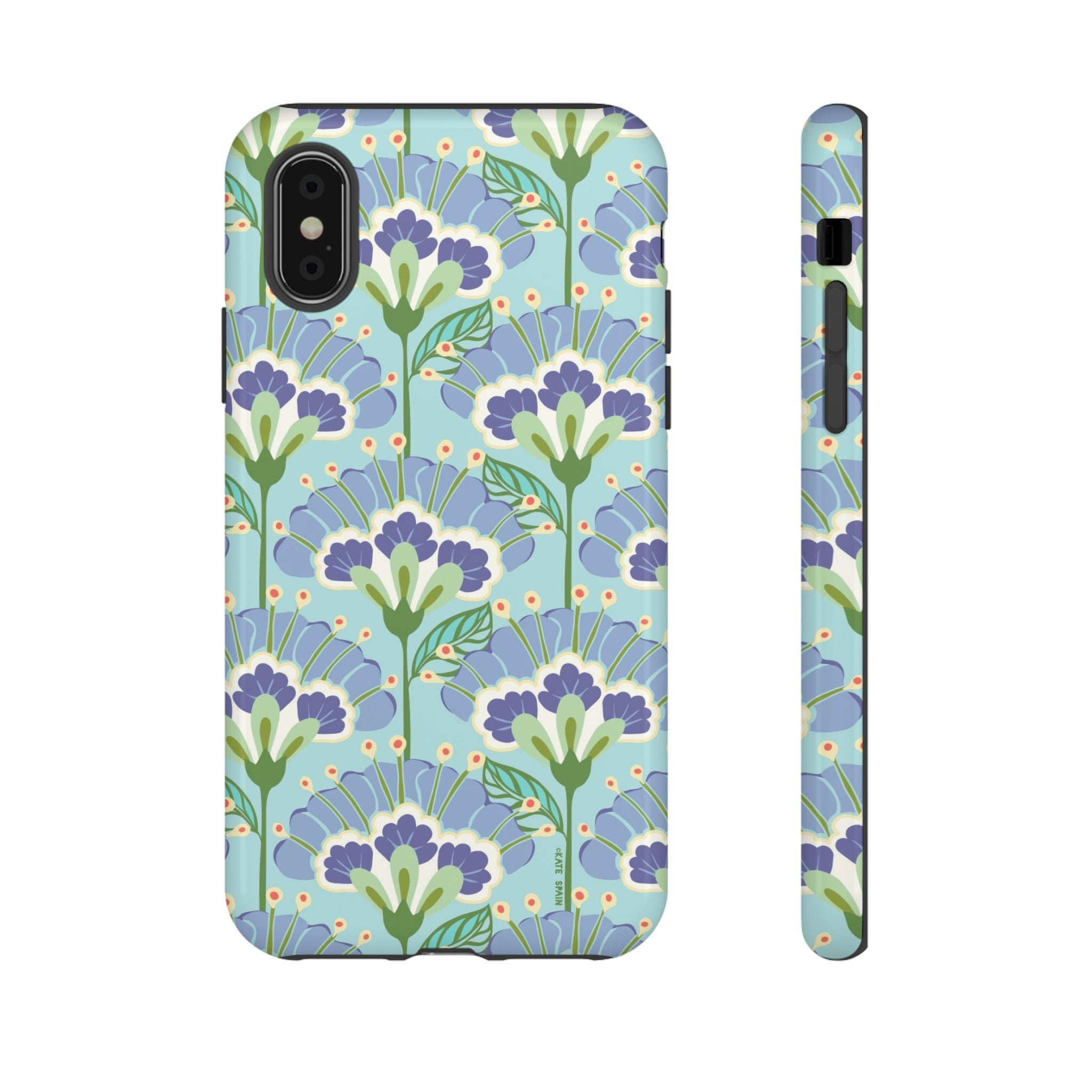 Lantern Flower Tough iPhone XS Case – Glossy | aqua, periwinkle, green botanical lantern floral print