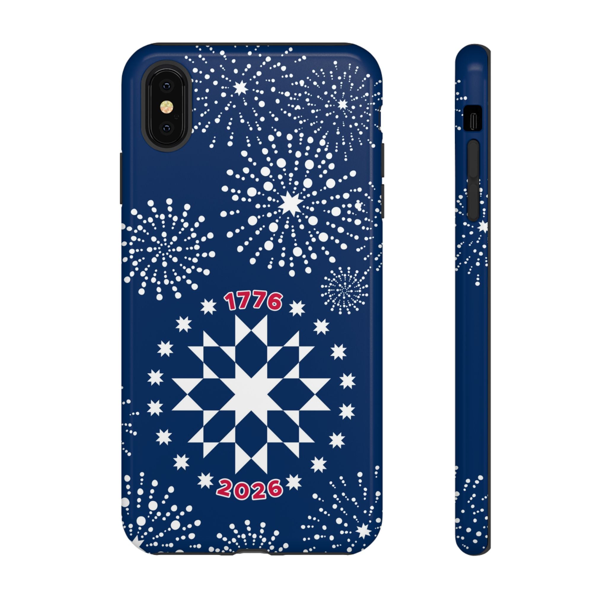 250th Fireworks Tough iPhone XS Max Case – Glossy | navy, white patriotic star quilt fireworks print