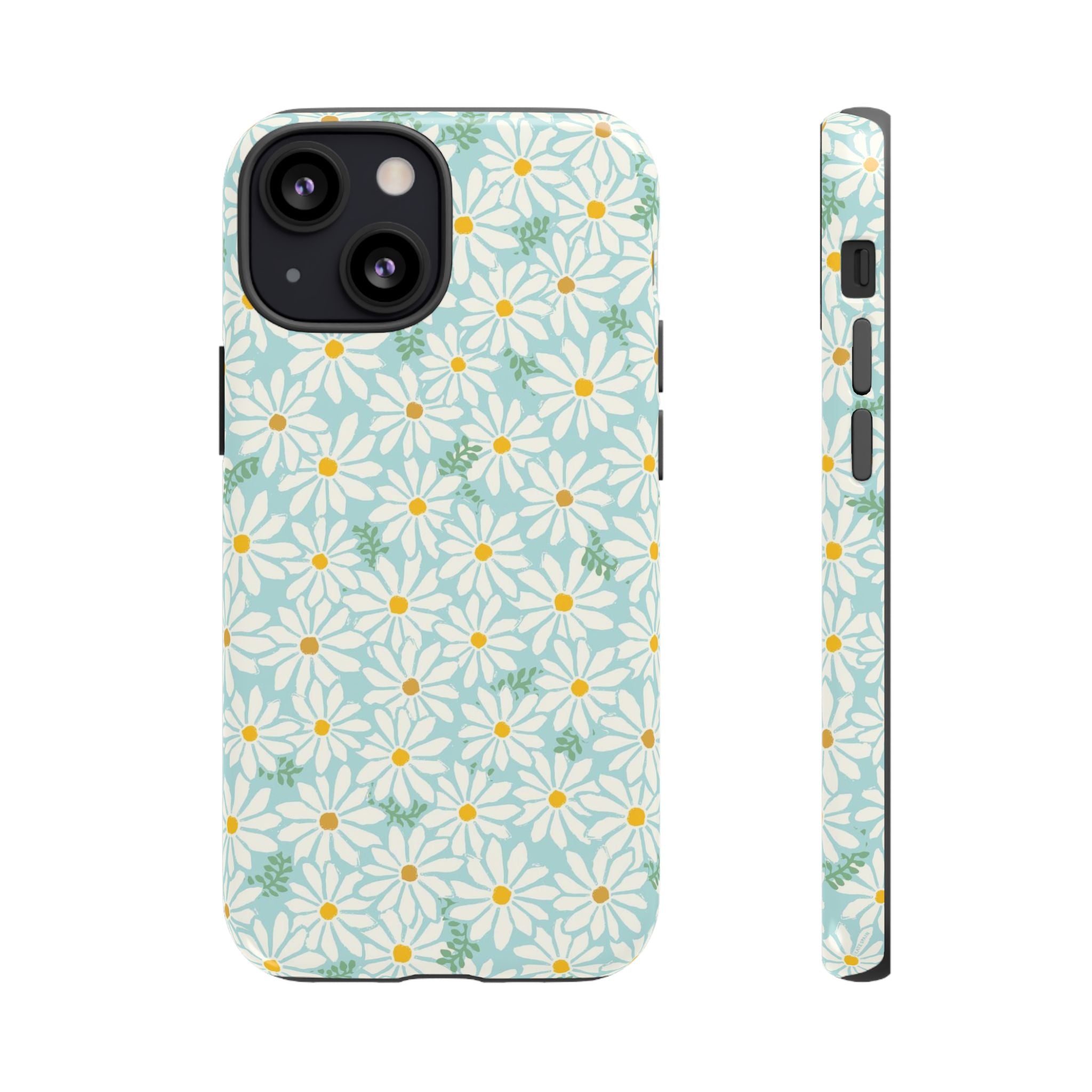 Daisies Tough iPhone 13 Mini Case – Glossy | sky blue, white daisy print, golden yellow centers, mint green leaves dual-layer protection