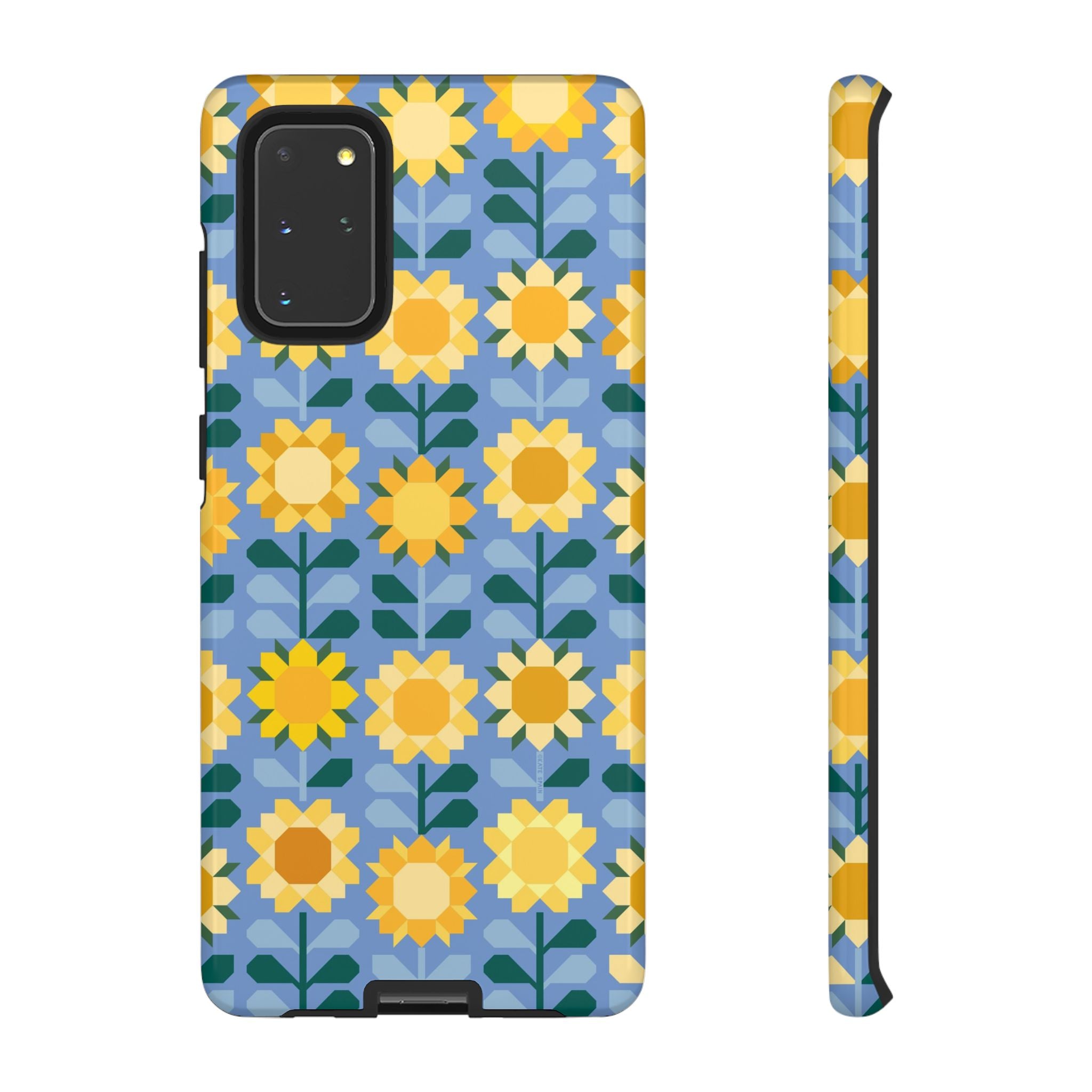 Luxury Sunflowers Samsung Galaxy S20+ Case – Glossy | blue, yellow, gold geometric sunflower print
