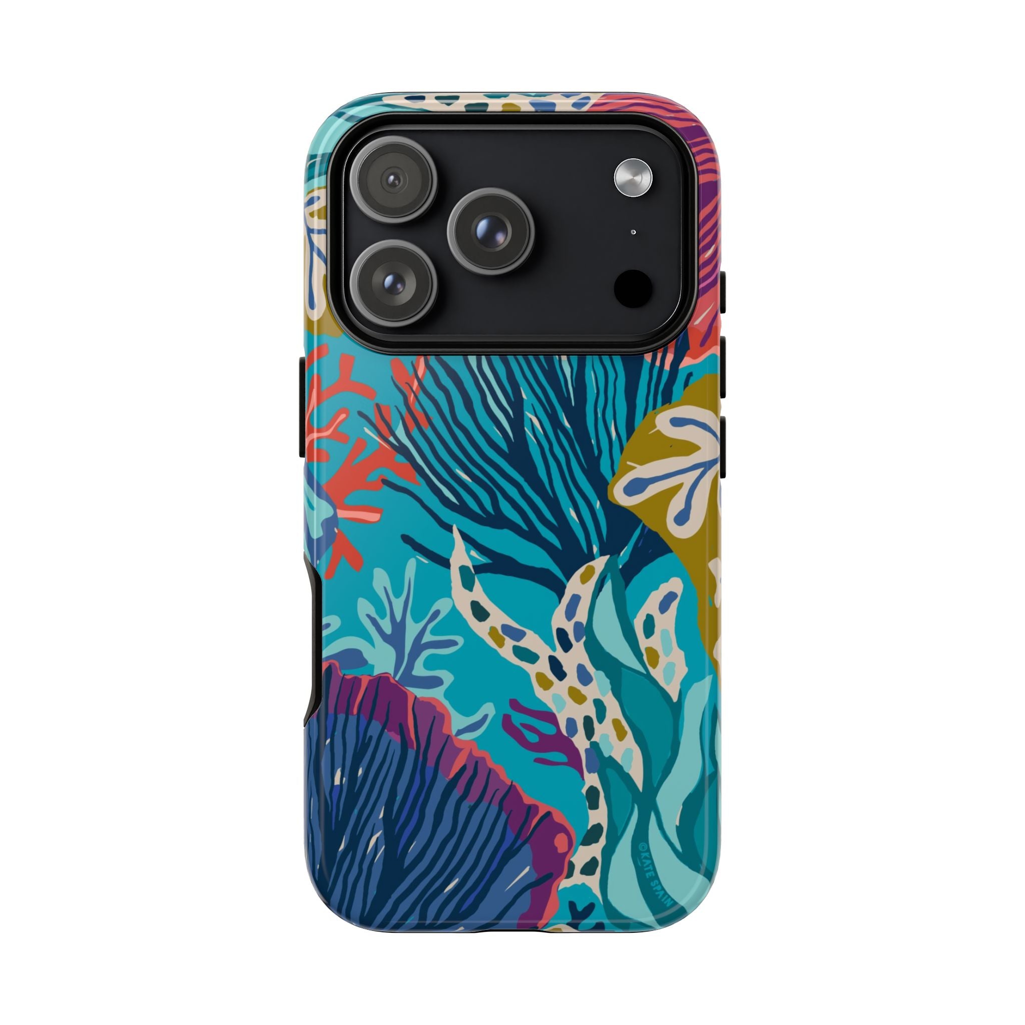Reef Tough iPhone 17 Pro Case – Glossy | teal, coral, navy, purple botanical coral reef print