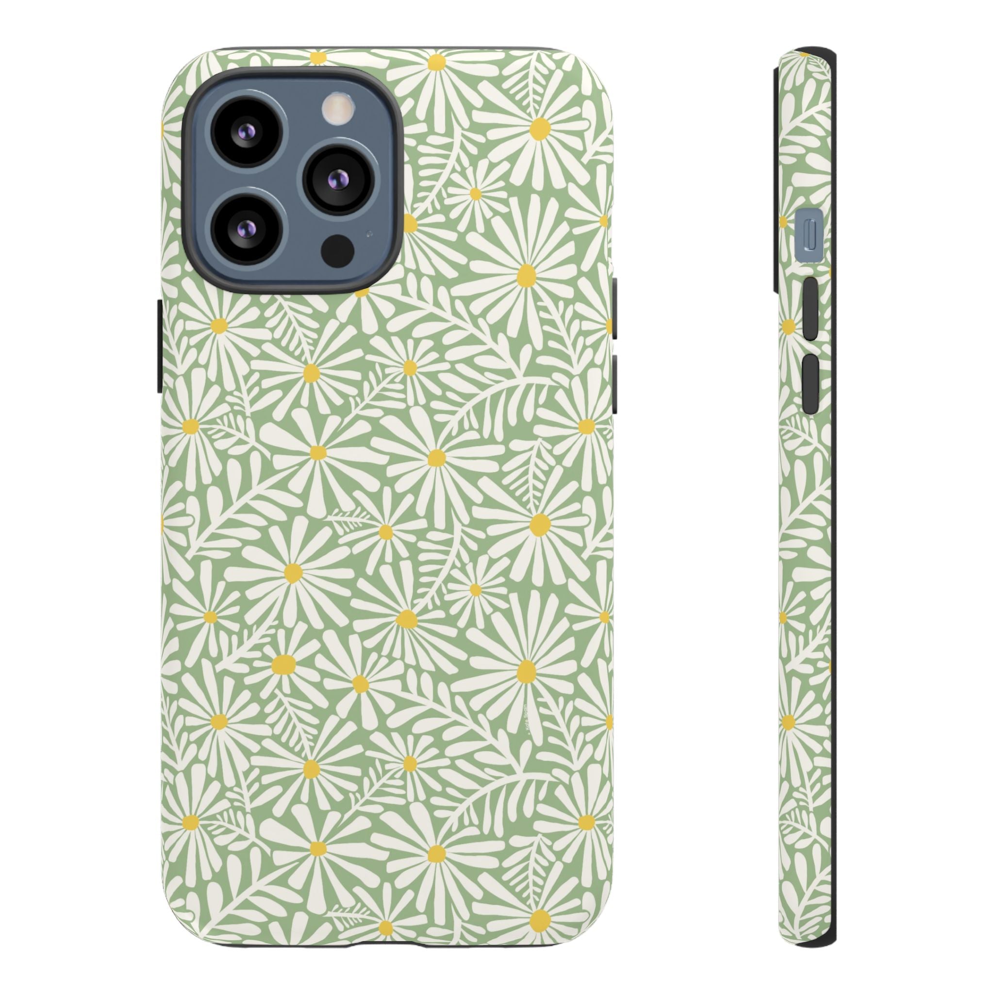 Montauk Daisy Meadow Green iPhone 13 Pro Max Case – Matte | sage green, white graphic daisy and fern print, golden yellow centers | dual-layer protection