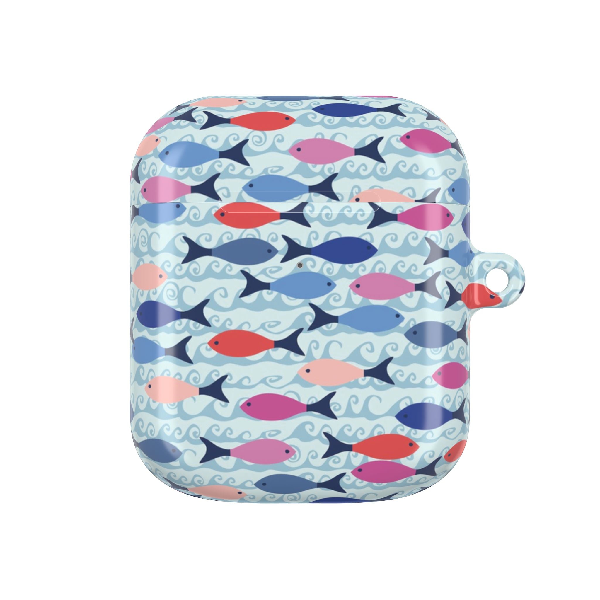 Minnows AirPods Gen 2 Case – Glossy | light blue, navy and multicolor fish print, wave pattern | polycarbonate shell with carabiner